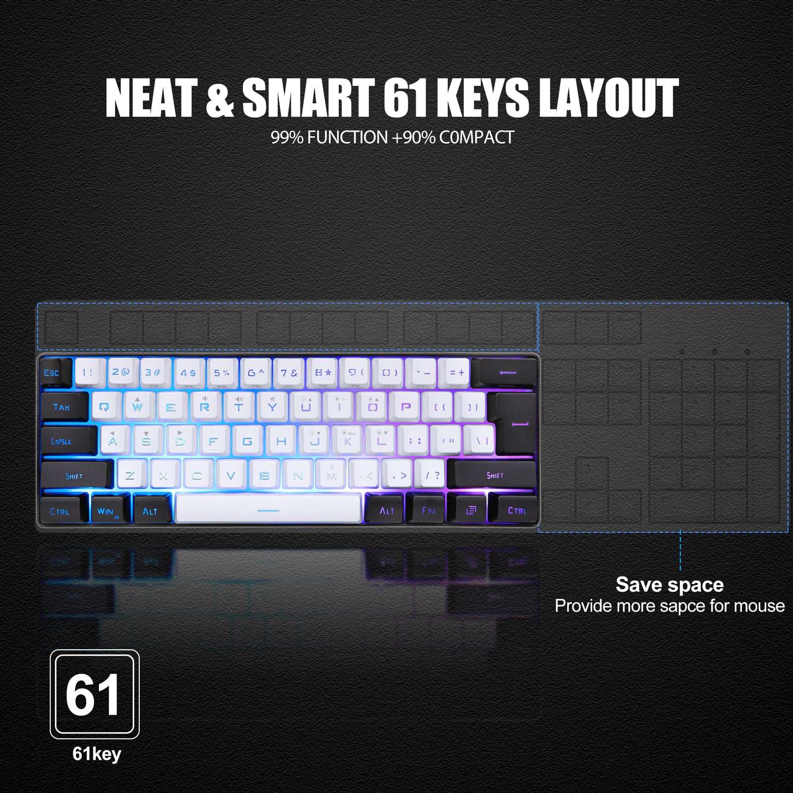 Denash Mini RGB Keyboard, Type C Interface Plug and Play Wired Keyboard DC 5V Mechanical Feeling 61 Keys for for Office (White) 3