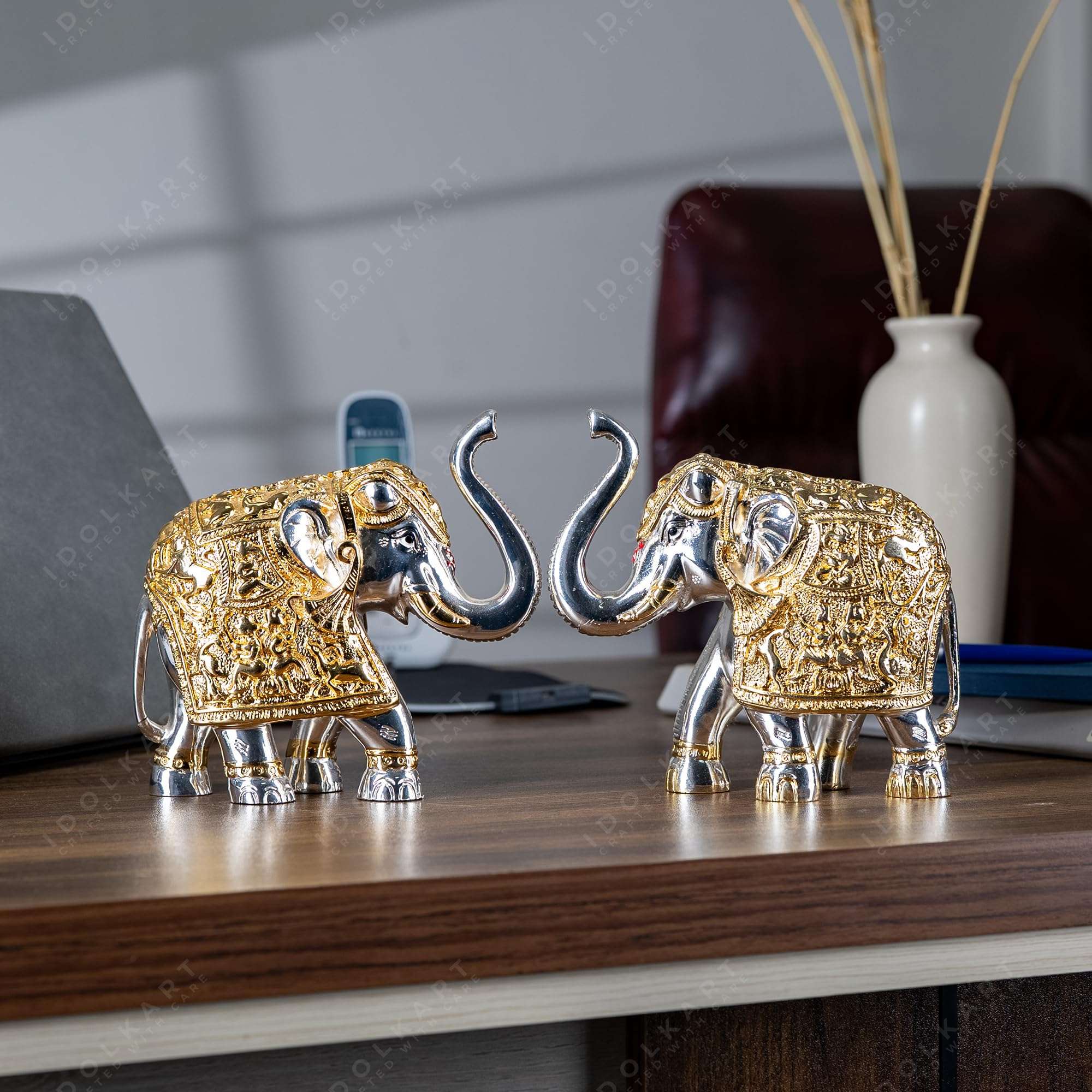 Idolkart Pure Gold & Silver Coated Elephant Showpiece - Elephant Decorative Items for Home - Elephant Statue for Good Luck, Pooja - Two Vastu Elephants - 3 inch (Set of 2 Elephants), Vastu Idols 3