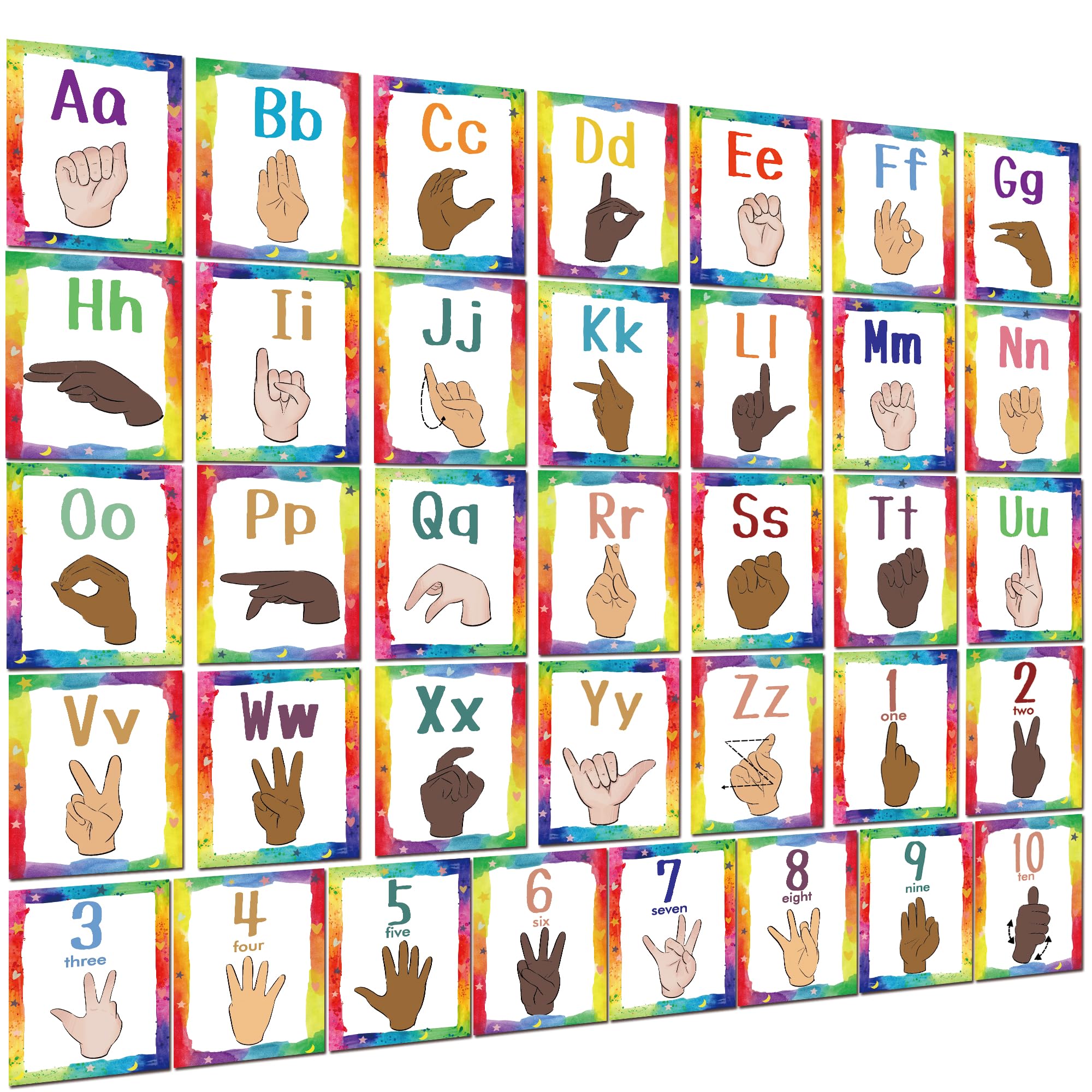 Sign Language Bulletin Board Letters - 36 ASL Alphabet Learning ABC Alphabet Poster Classroom Decor Cards Set Kindergarten/Primary School Classroom Wall Decor Daycare/Homeschool Supplies (Colorful)