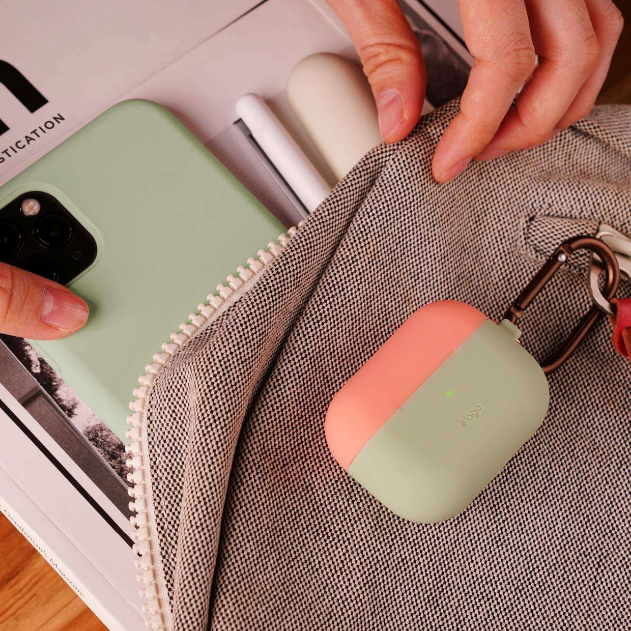 elago Duo AirPods Pro Case with Keychain Designed for Apple AirPods Pro Case Cover, 2 Caps + 1 Body (Front LED Visible) [ Classic White, Peach + Pastel Green ] 3