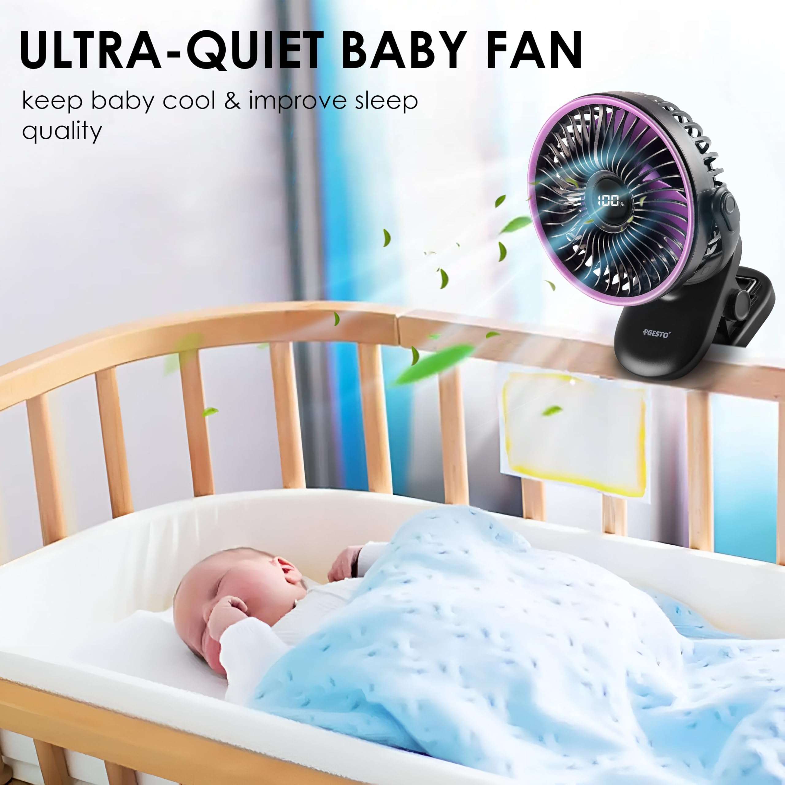 Gesto High Speed Rechargeable Clip-On Table Fan with Digital Display – 360° Moving USB Charging Fan for Home,Kitchen,Baby Stroller | 2000mAh Battery,5 Speed Modes,Portable Battery Operated Fan -Black 5