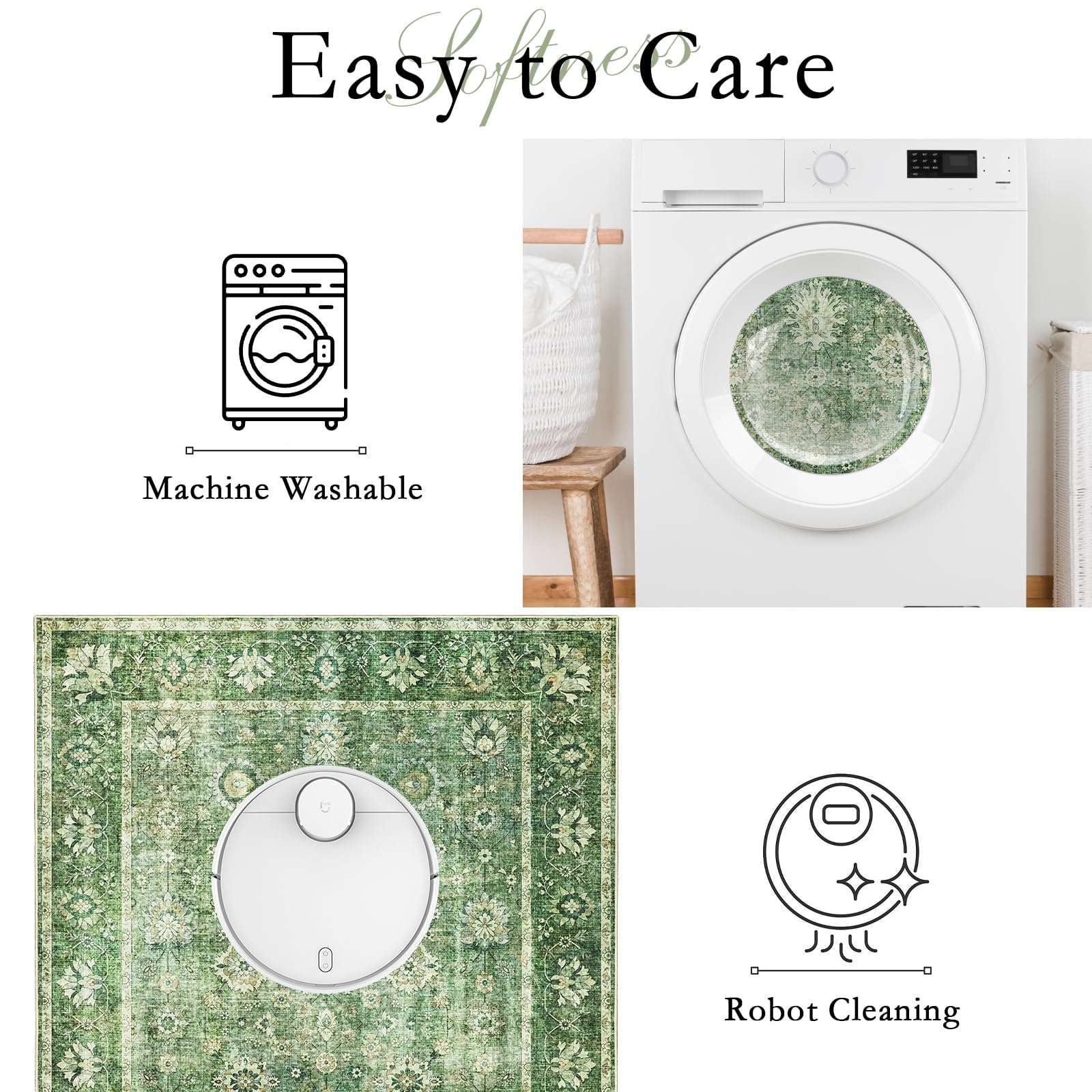 COLORPAPA Green Area Rug 3x5, Washable Rug for Living Room Bedroom Kitchen Entryway, Boho Throw Rug Low-Pile, Floral Distressed Carpet Non-Slip 6