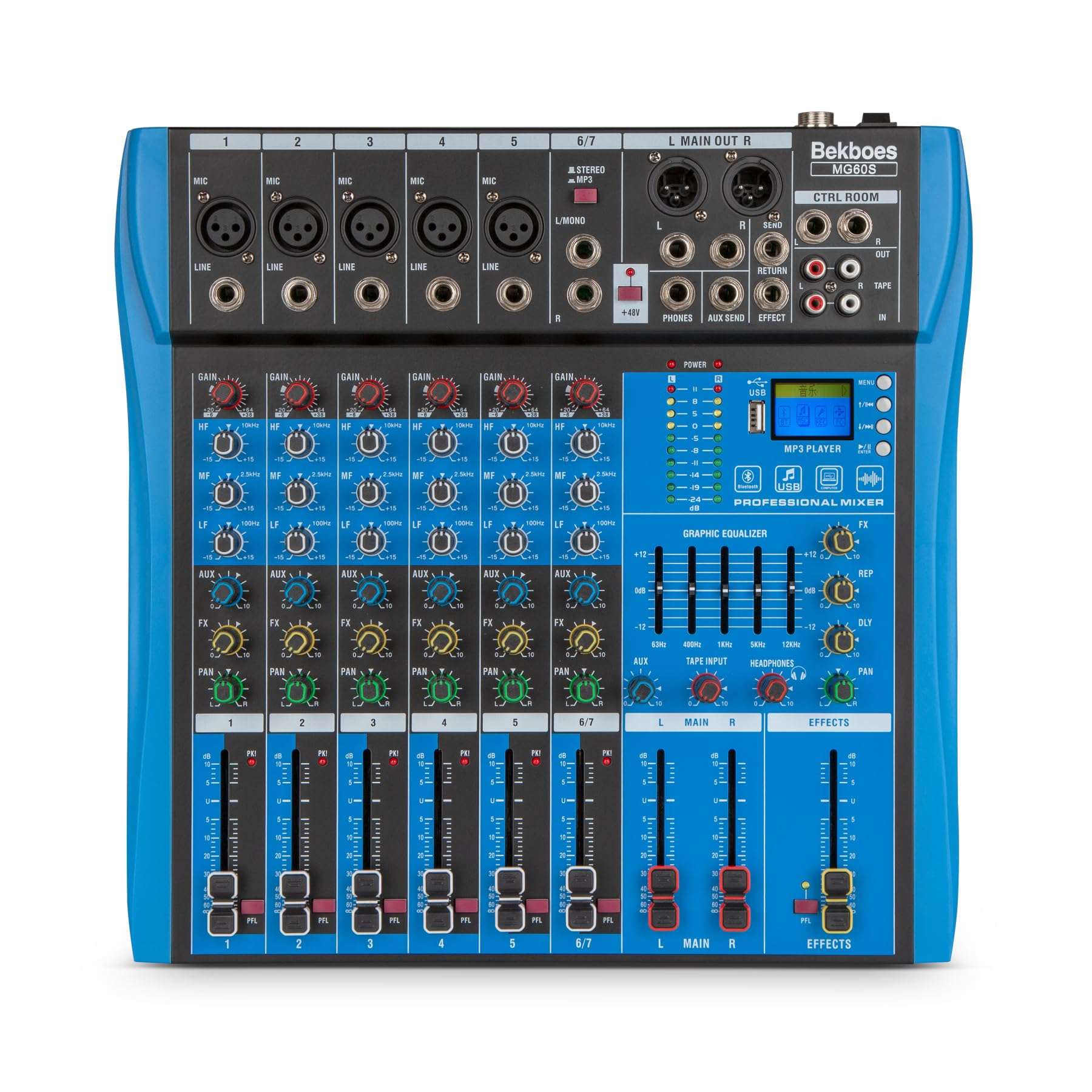 BEKBOES Professional Audio Mixer, 6 Channel, Input 48V Phantom Power Stereo Digital USB Bluetooth MP3 Computer Input, Build-in 16 Effect DSP, for Recording, Live Streaming, Podcasting MG60S 1