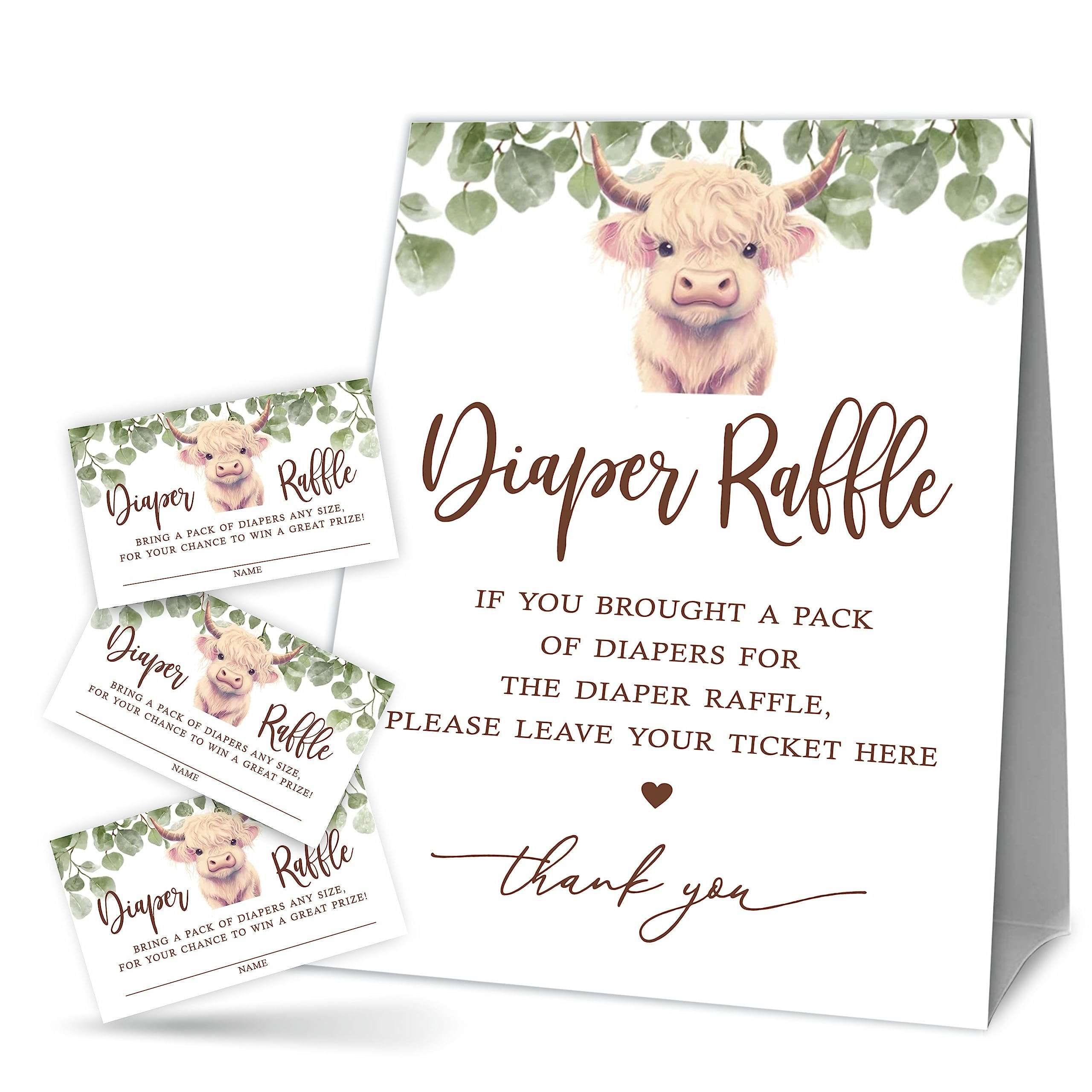 Baby Shower Diaper Raffle Game Set, Adorable Cow & Greenery, 1 Standing Sign & 50 Diaper Raffle Tickets, Gender Reveal Party Game Kit, Baby Announcement Activity Decorations And Supplies - B14 1