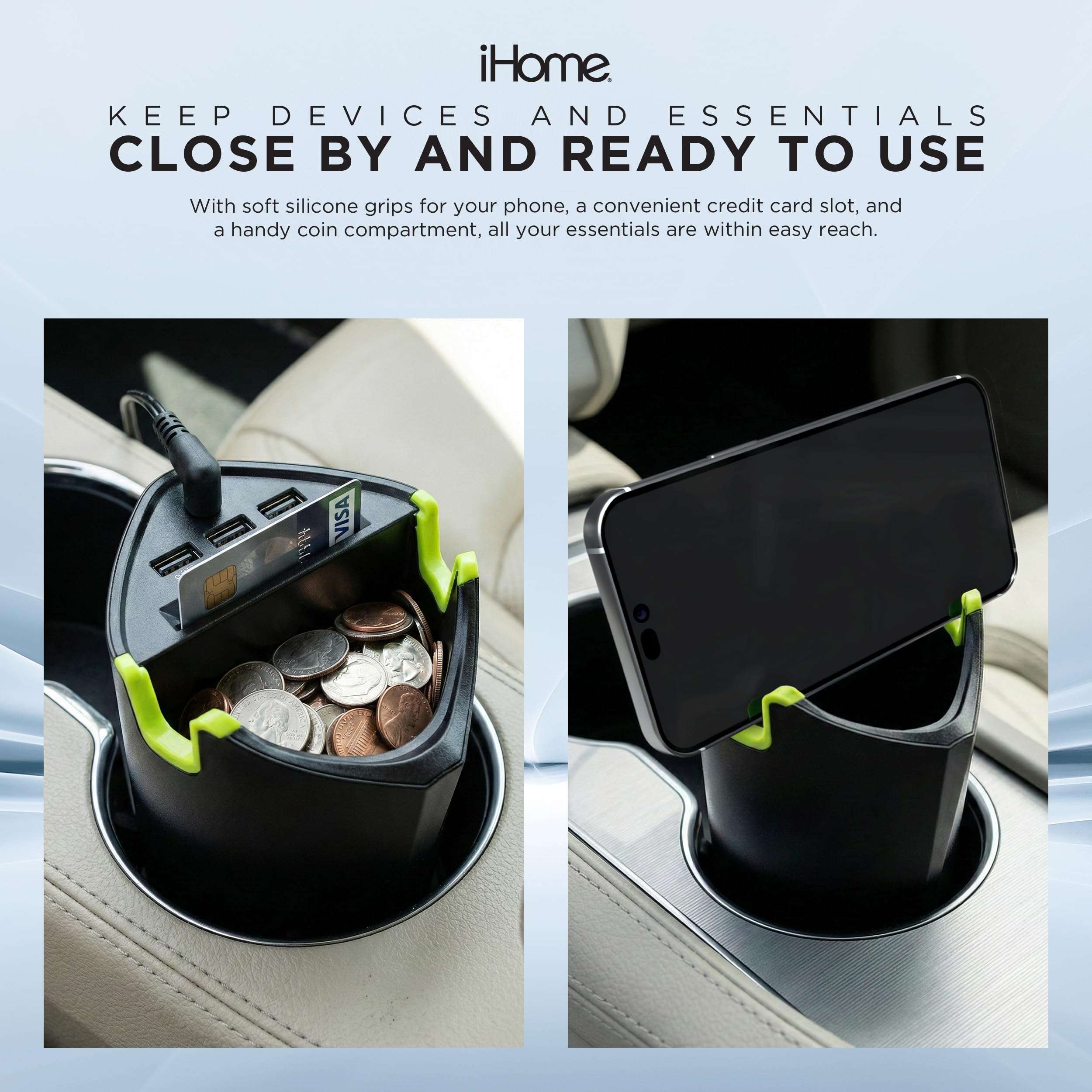 iHome 3 Port Cup Holder Charger, Rapid Charge 2.1A Port, Extra Storage, Universal Fit 5