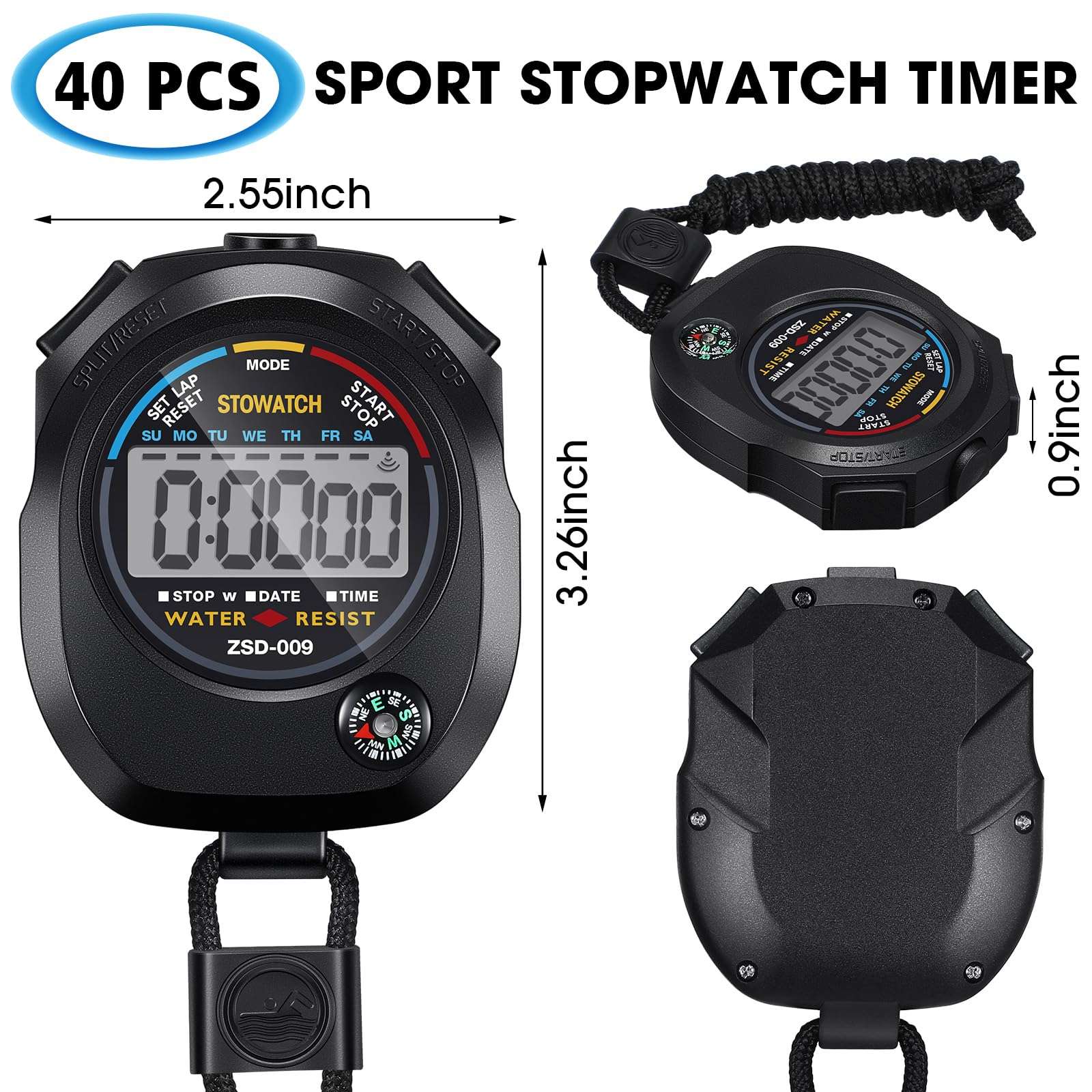 Maxdot 40 Pieces Digital Stopwatch Timer Waterproof Stop Watch Large Display Stop Watches for Sports Multi Function Stopwatches for Coaches Wrist Stopwatch 3