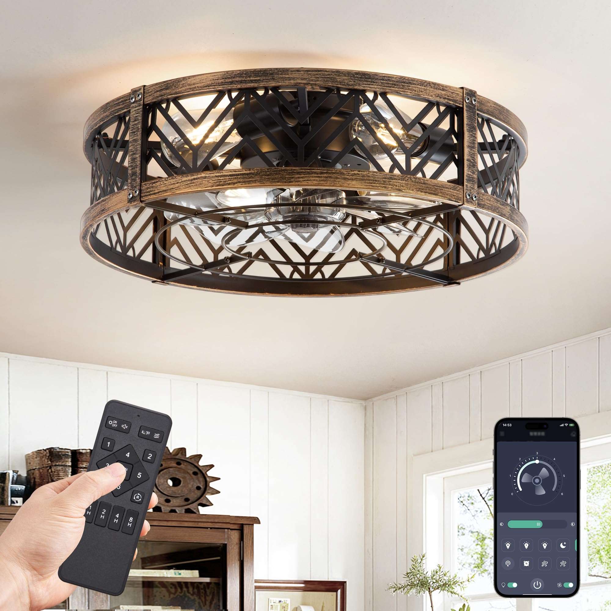 LEDIARY 20" Caged Ceiling Fan with Light, Small Flush Mount, App&Remote Control, Low Profile Bladeless Fan Light Fixture 6 Speed, Reversible and Quiet Motor-Black Gold 1