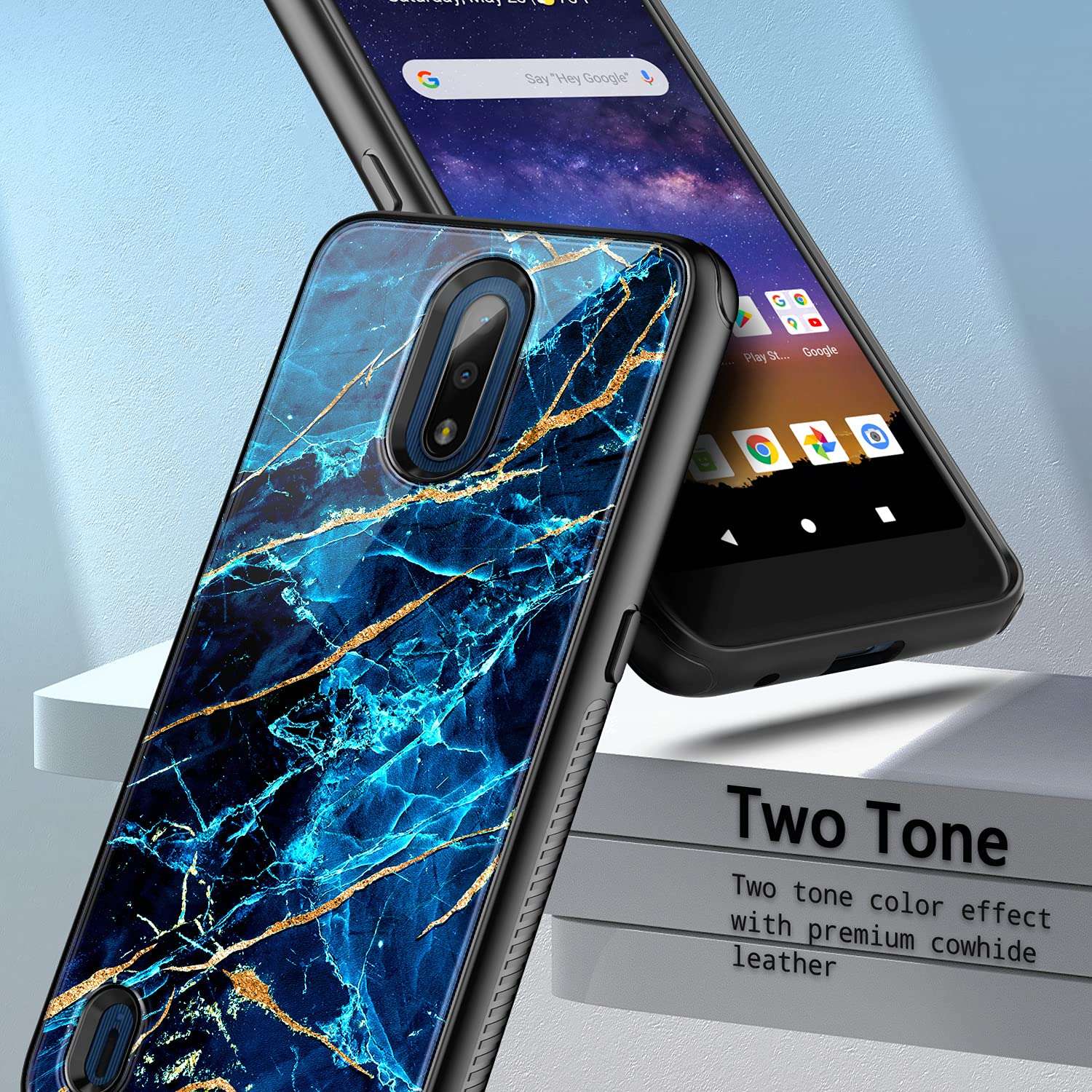 NZND Case for Nokia C2 Tava/Nokia C2 Tennen (Cricket Wireless) with Tempered Glass Screen Protector (Maximum Coverage), Hybrid Defender Protective Shockproof Durable Case -Marble Design Sapphire 4