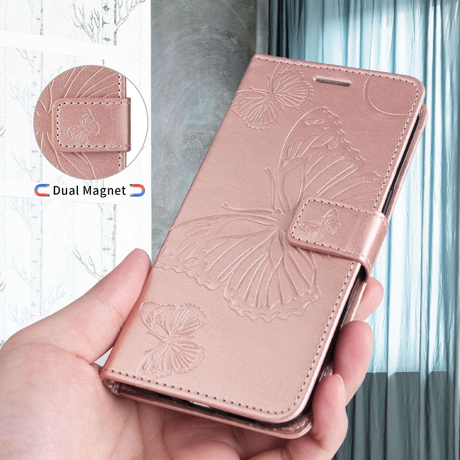 XYX Wallet Case Compatible with LG K40/LG K12 Plus/LG X4 2019, Embossed Butterfly PU Leather Case Flip Protective Phone Cover with Card Slots and Kickstand, Rose Gold 2