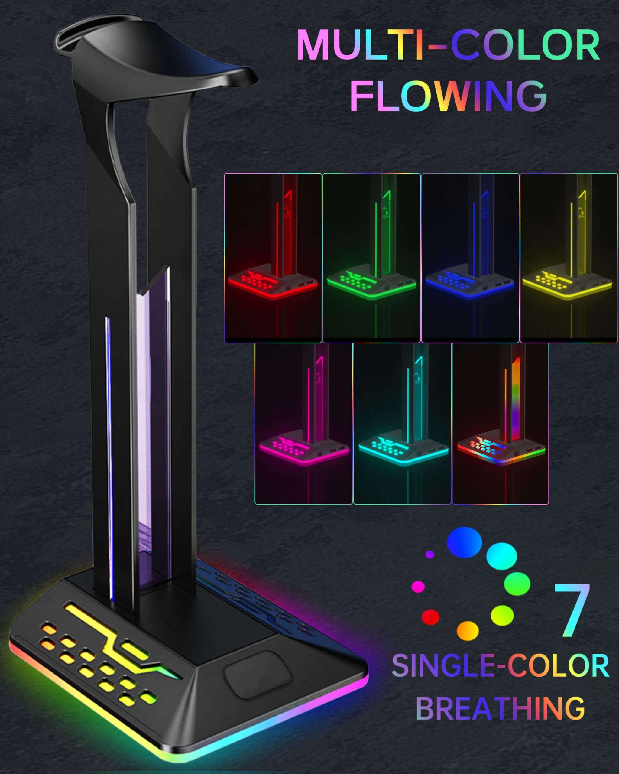 SOURCELLL RGB Headphone Stand with 2 USB 2.0 Extension Charging Port Extender Cord,Desk Gaming Headset Holder,Cool LED Headphone Holder PC Gaming Accessories,Gamer Gifts 3