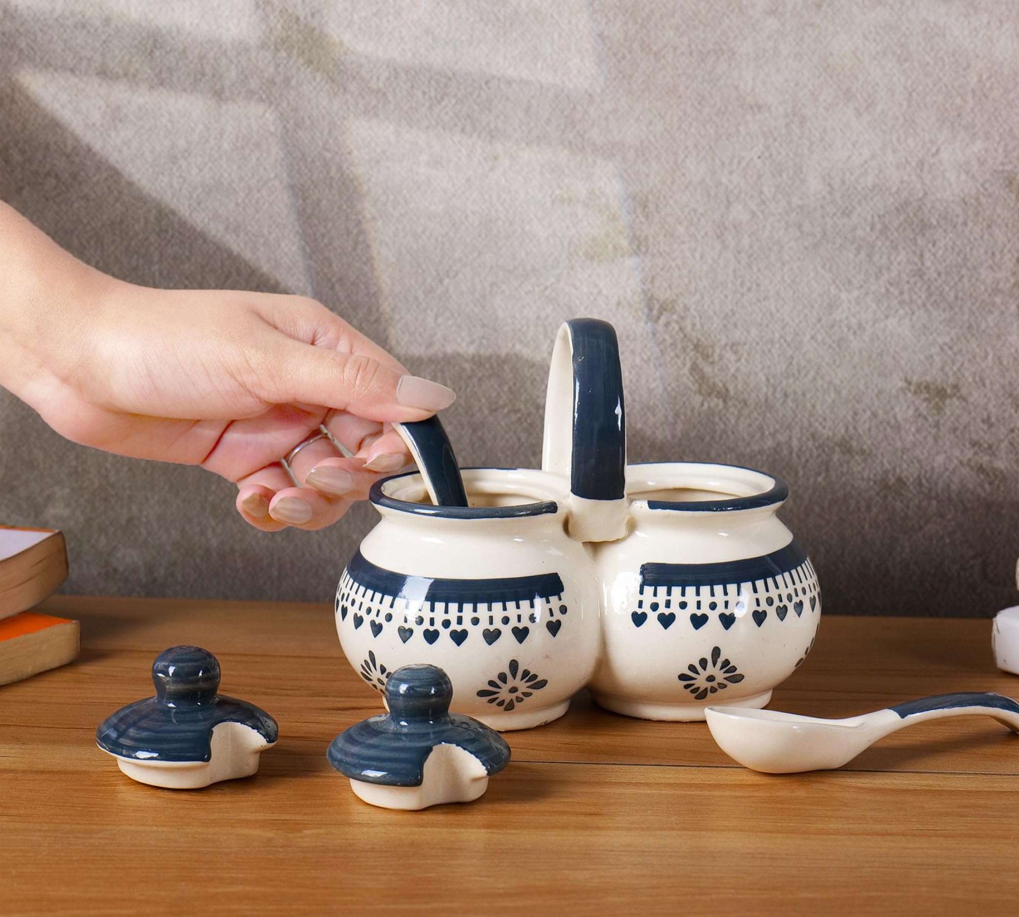 Niyara Multipurpose Storage Ceramic Pickle set Jars & with Lid & tray (Set of 2, 300 ML) (Grey flower design) 1