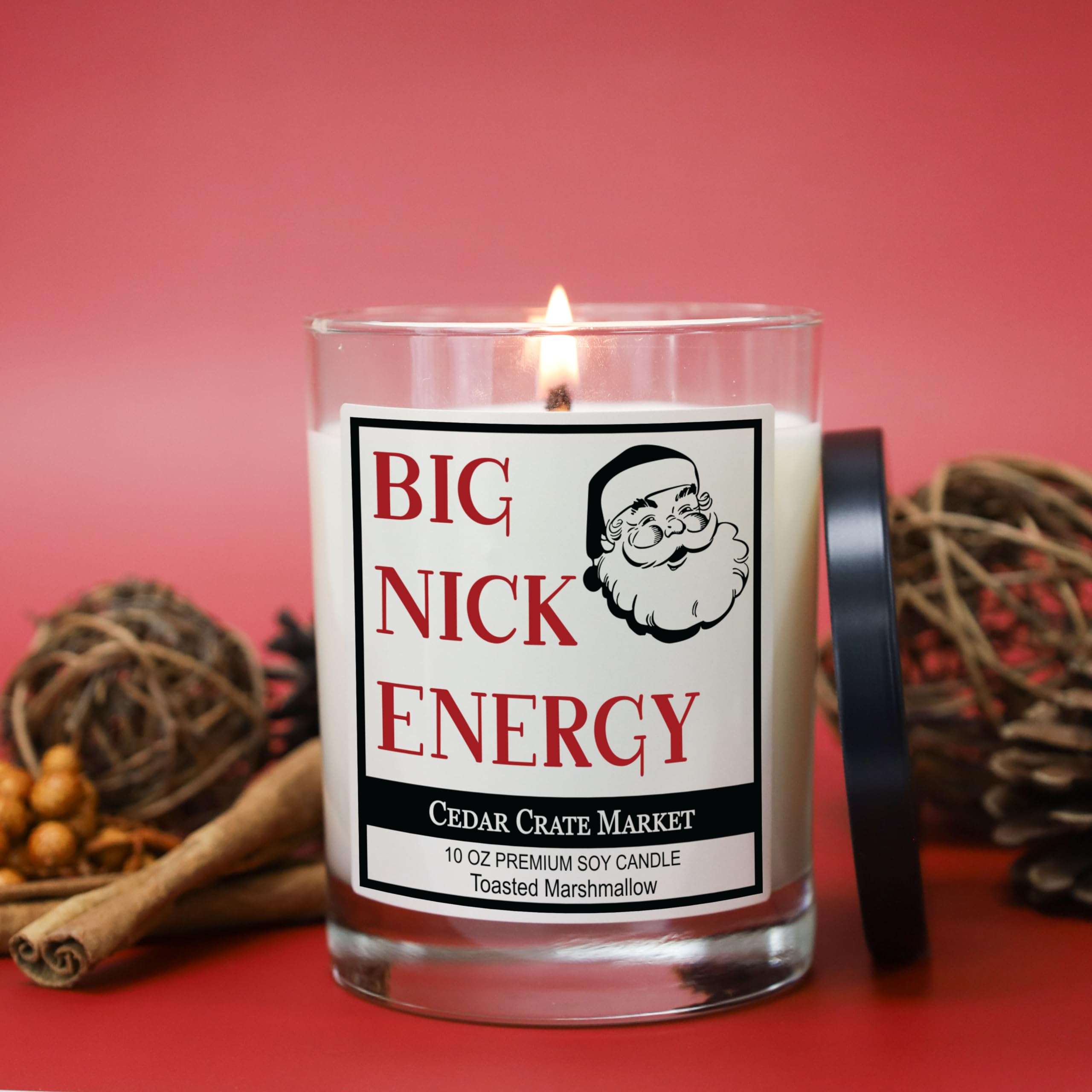 Cedar Crate Market - Big Nick Energy Christmas Candle - Warm Toasted Marshmallow, Vanilla and Fire Scented Soy Candles for Home | 13.5 oz Clear Jar, 55+ Hour Burn Time, Made in The USA 3