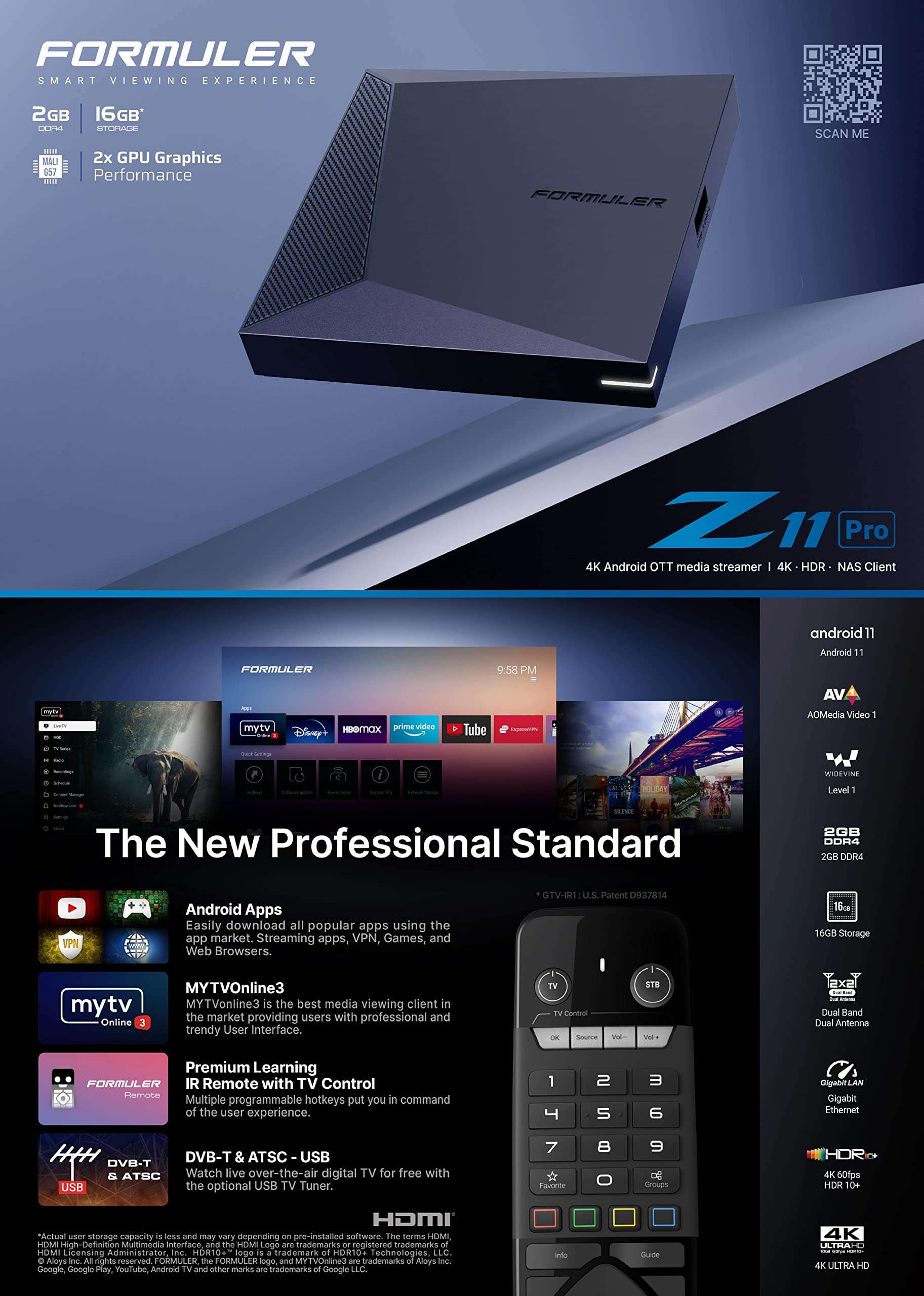 Formuler Z11 Pro Android 11 Dual Band 5G Gigabit LAN 2GB Ram 16GB ROM 4K + Extra Desk Stand Mount 3