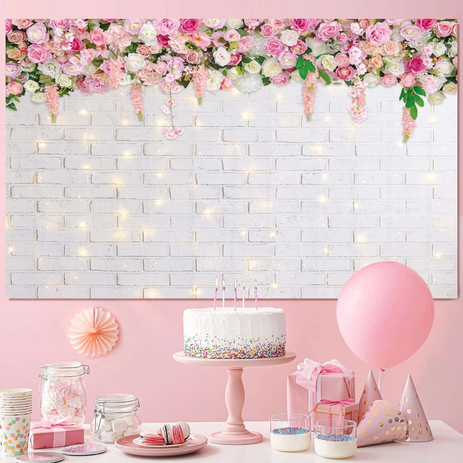 Flower Wall Backdrop Glitter White Brick Wall Mother's Day Flowers Photography Background Mother's Day Wedding Bridal Baby Shower Birthday Party Spring Theme Decor Photo Booth Props (10x8FT) 5