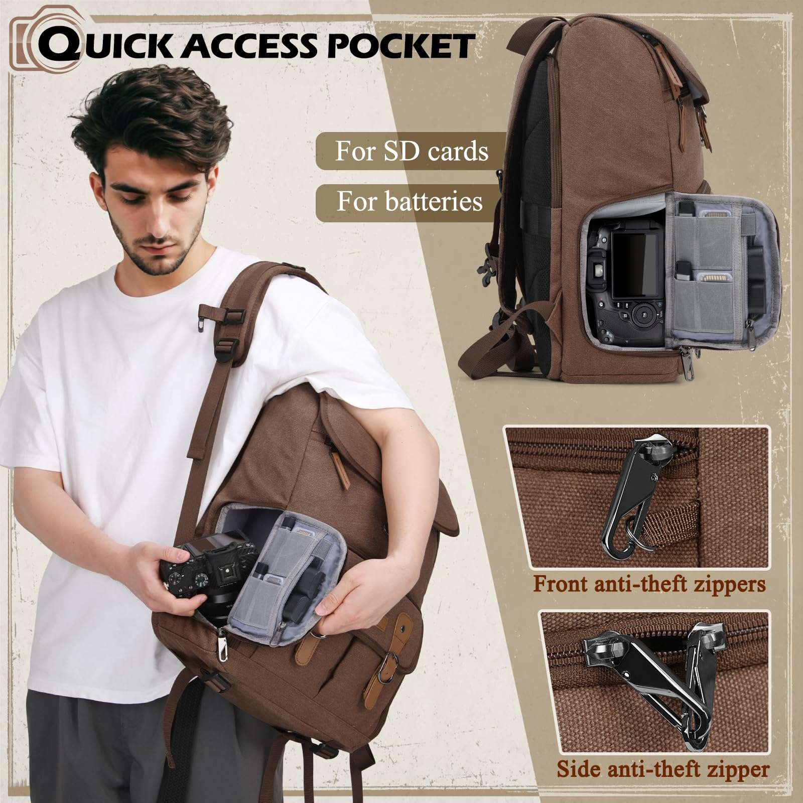 RAINSMORE Camera Bag Backpack for DSLR/SLR Mirrorless 15.6 Inch Laptop Camera Back Pack for Photographers Anti-Theft Photography Bags Case with Tripod Holder & Rain Cover, Coffee 6