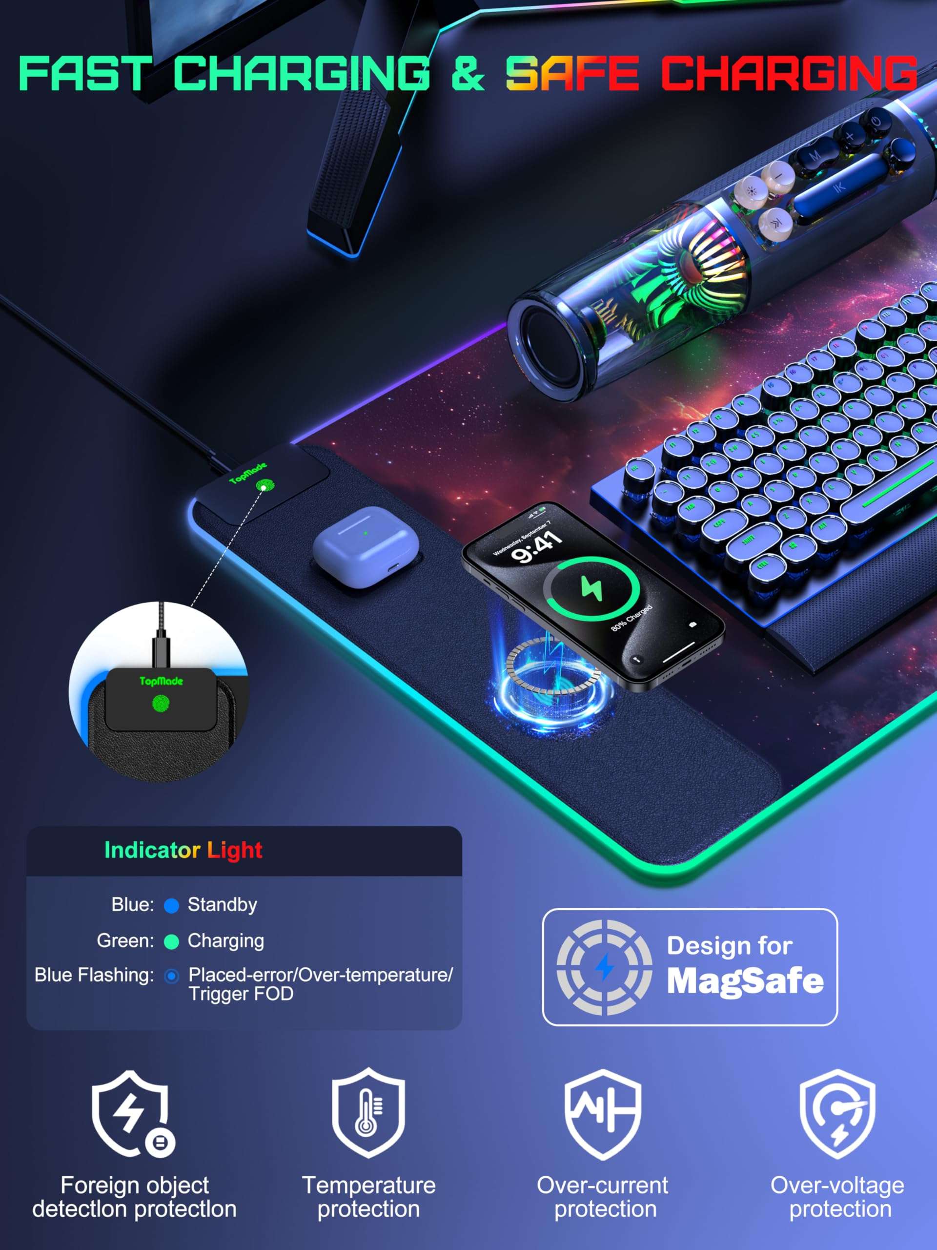 TopMade Wireless Charging Mouse Pad, RGB Gaming Mousepad Home Office Desk Pad, 31.5” x 15.8” Large Desk Mat, Waterproof Keyboard Pad, Galaxy Nebula (Includes 20W PD Power Adapter & 6.56ft Woven Cable) 4