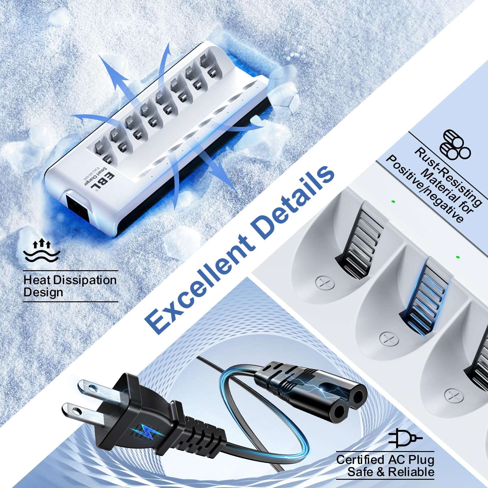 EBL Rechargeable AAA Batteries, 8 Pack 1100mAh NiMH Triple AAA Batteries and Individual AA AAA Battery Charger 4