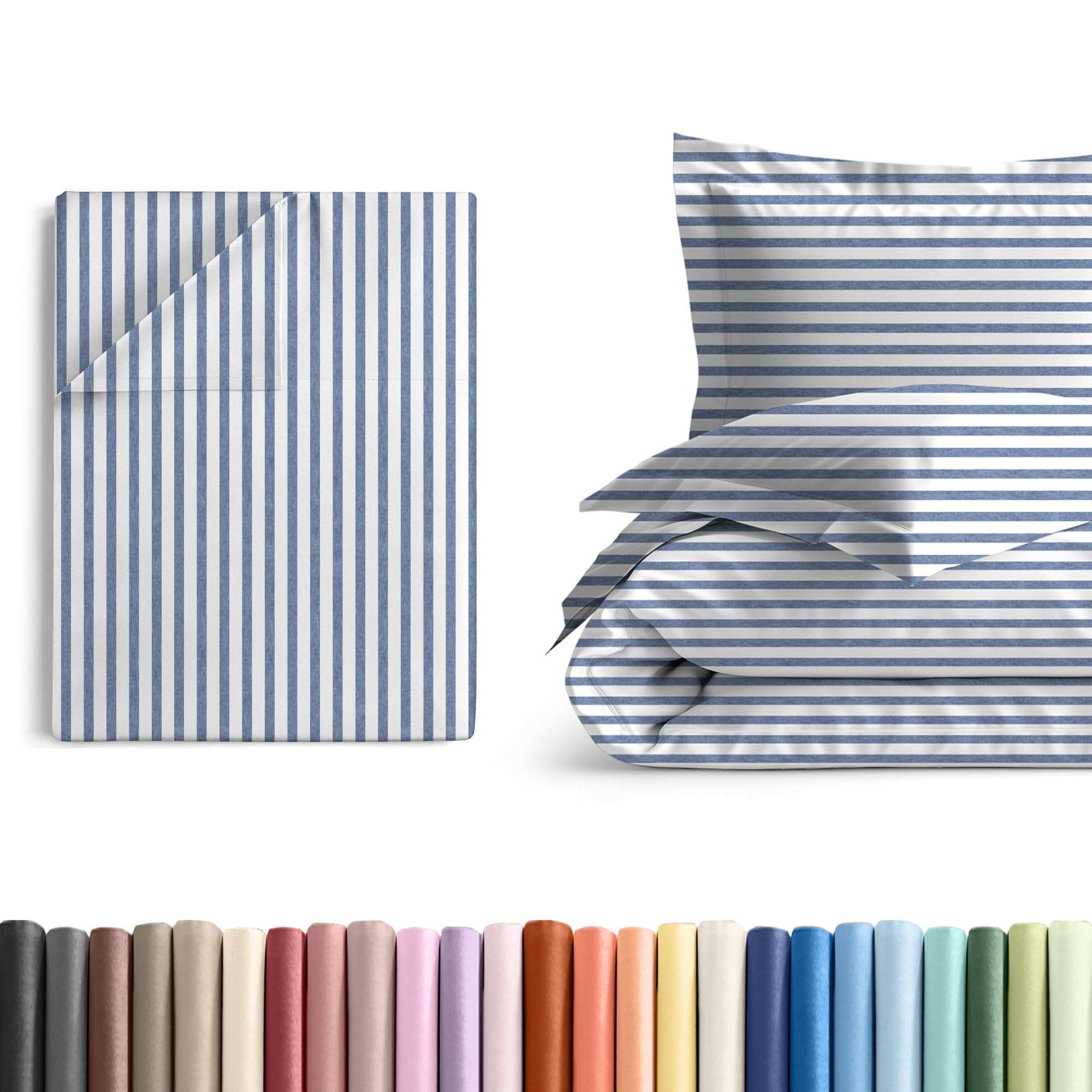 Cal King Size Flat Bed Sheet + Duvet Cover Bundle - Hotel Luxury Single Flat Bottom Sheet Only - Fits Mattresses with Deep Pockets between 8 to 16 inches - Breathable and Wrinkle Free - Blue Stripes 1