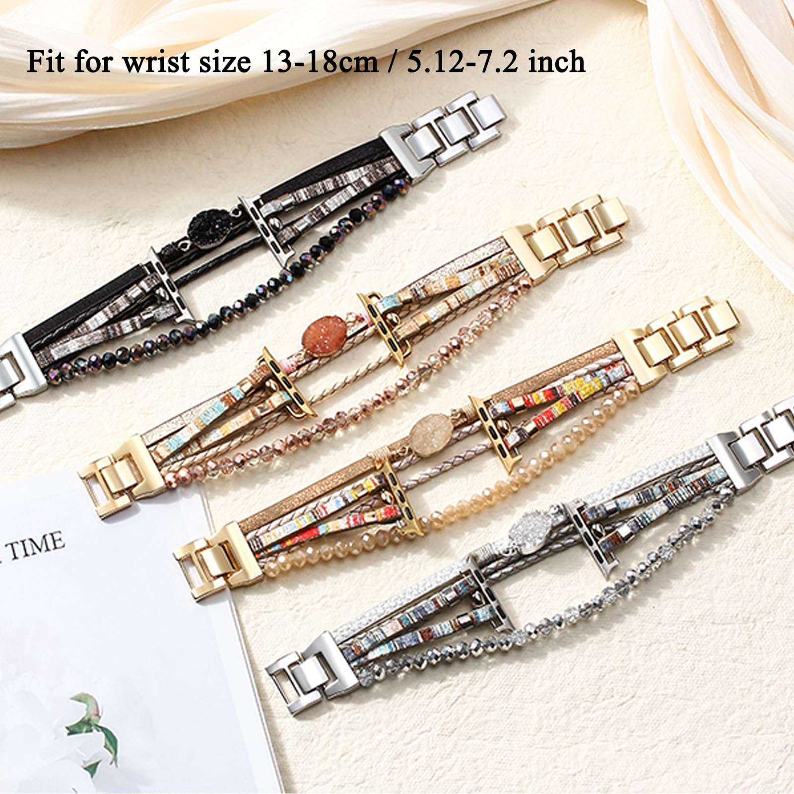 HARAVAL Leather Beaded Bracelet Compatible with Apple Watch Band 42mm 44mm 45mm 46mm 49mm Women Men, Handmade Boho Jewelry Fashion Cute Multilayer Wrap Watch Strap for iWatch Band SE Ultra 2 Series 10 9 8 7 6 5 4 3 2 1 - Black 4