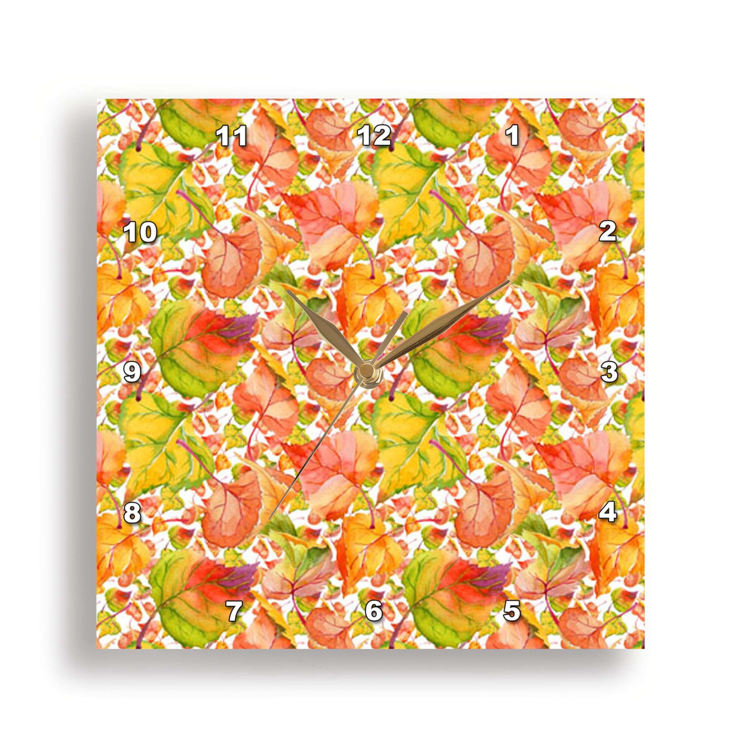 3dRose Wall Clock Silent - 13 inch - Pretty Orange, Green, Purple Fall Layered Leaf Pattern - Fall and Autumn 1