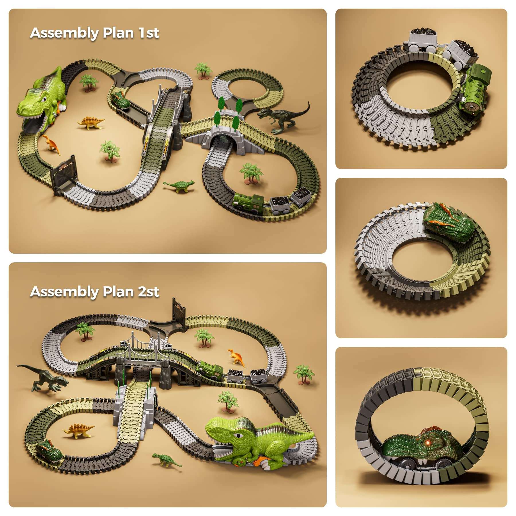 Dinosaur Toy Race Track, 281 Pieces Dinosaur Train Toy for Children 3 4 5 6, Flexible Railway Tracks with 4 Dinosaurs, 2 Electric Racing Cars with Lights - Toddlers Dinosaur World 6