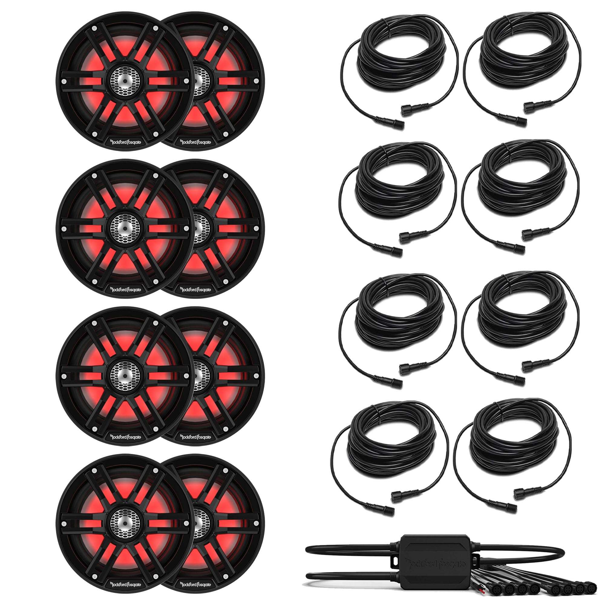 Rockford Fosgate 4 Pairs M2-65B M2 Series 6.5" Marine Black & Stainless Grilles Included + (1) PMX-RGB Optix Light Controller + (8) RGB-25 25' Extension Cable 1