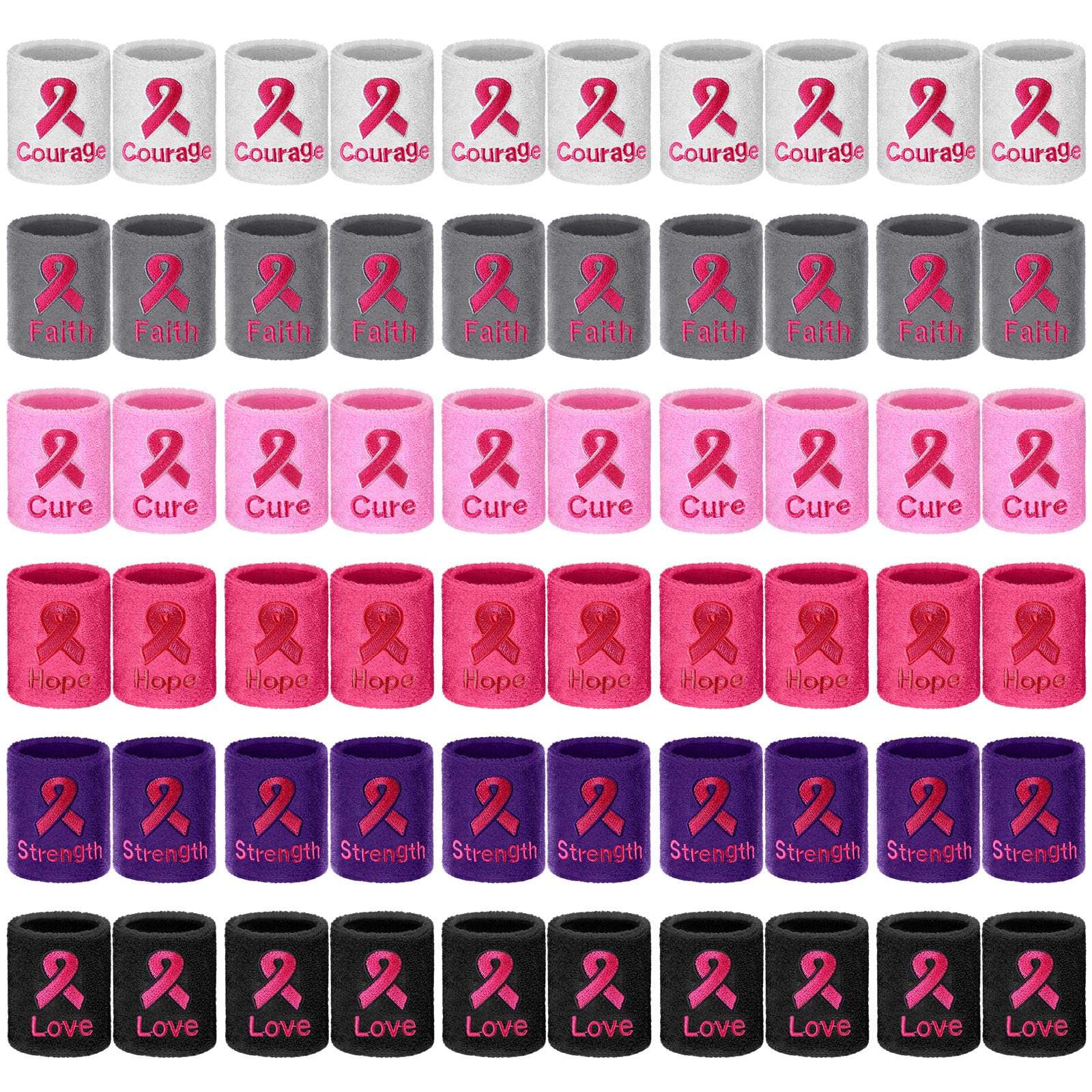 Shappy 60 Pcs Breast Cancer Awareness Wristbands Pink Ribbon Sweatbands Sports Wristbands for Tennis Football Basketball Running Athletic for Breast Cancer Awareness Month, 6 Colors
