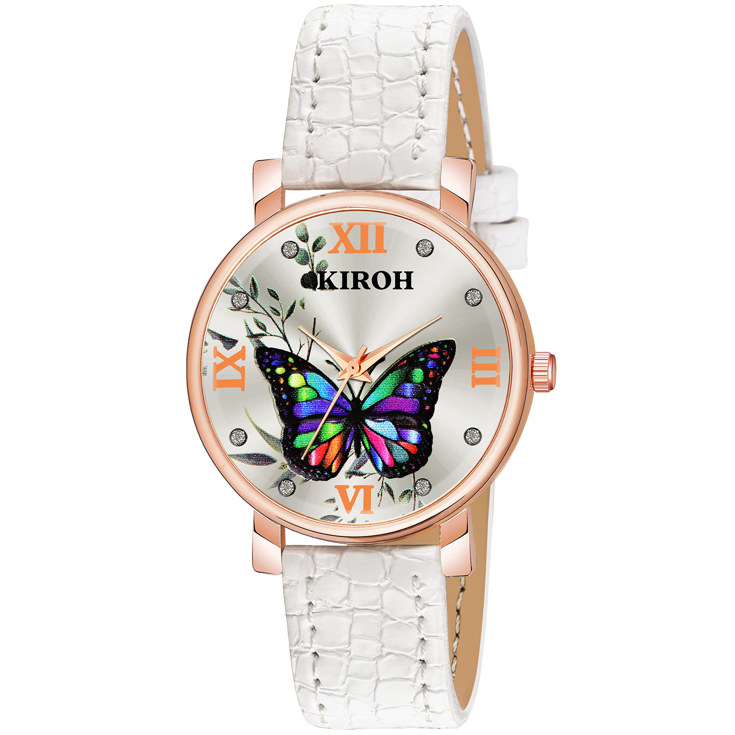 KIROH Analogue Butterfly Dial Unique Designer Leather Belt Women's and Girl's Watch (White)