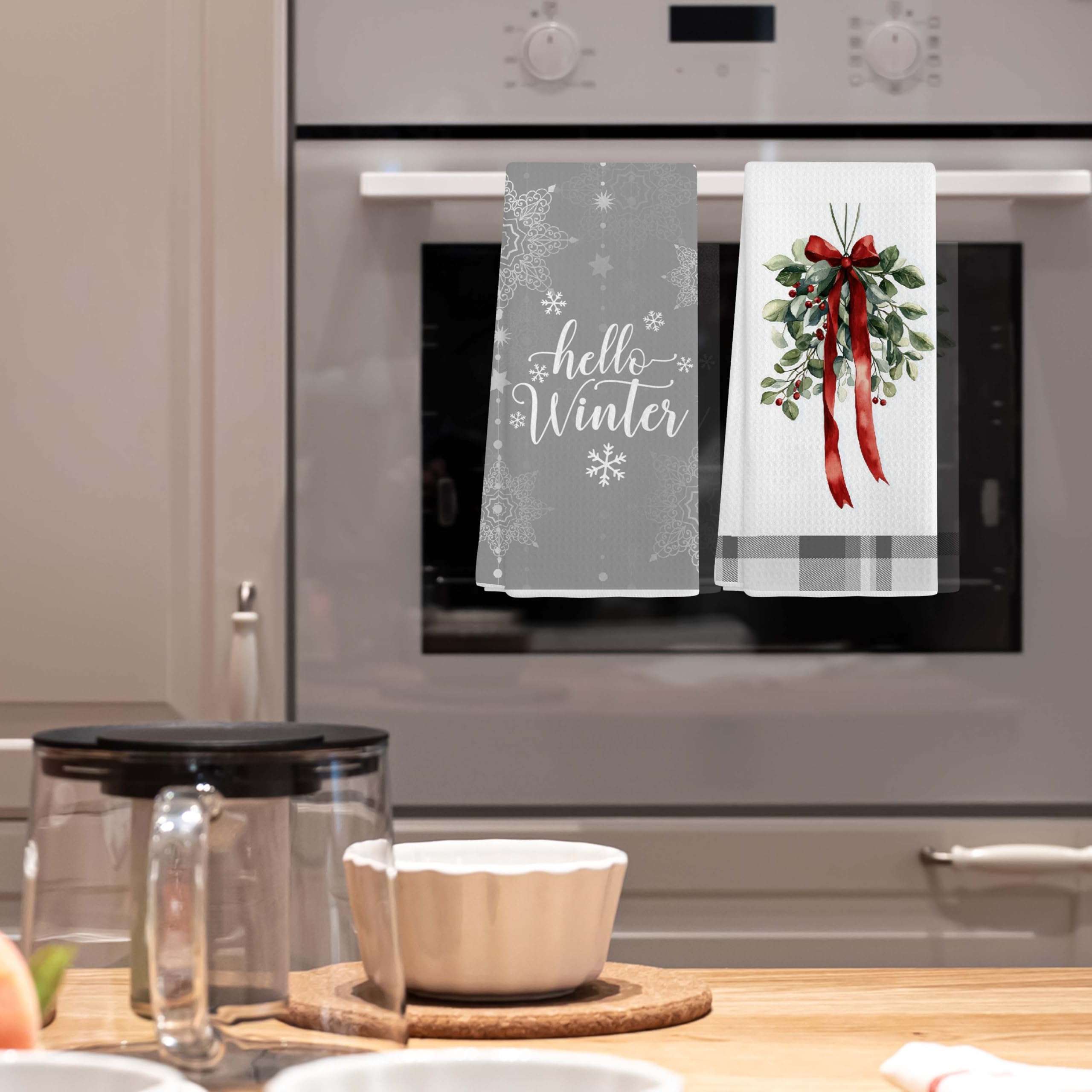 EJGFS Winter Decorative Kitchen Towels Set of 2, ‘Hello Winter’ Dish Towels, Winter Decorations, Christmas Ornaments, Hand Towels, 16x24 Inches, for Family, Friends, etc.(033) 5
