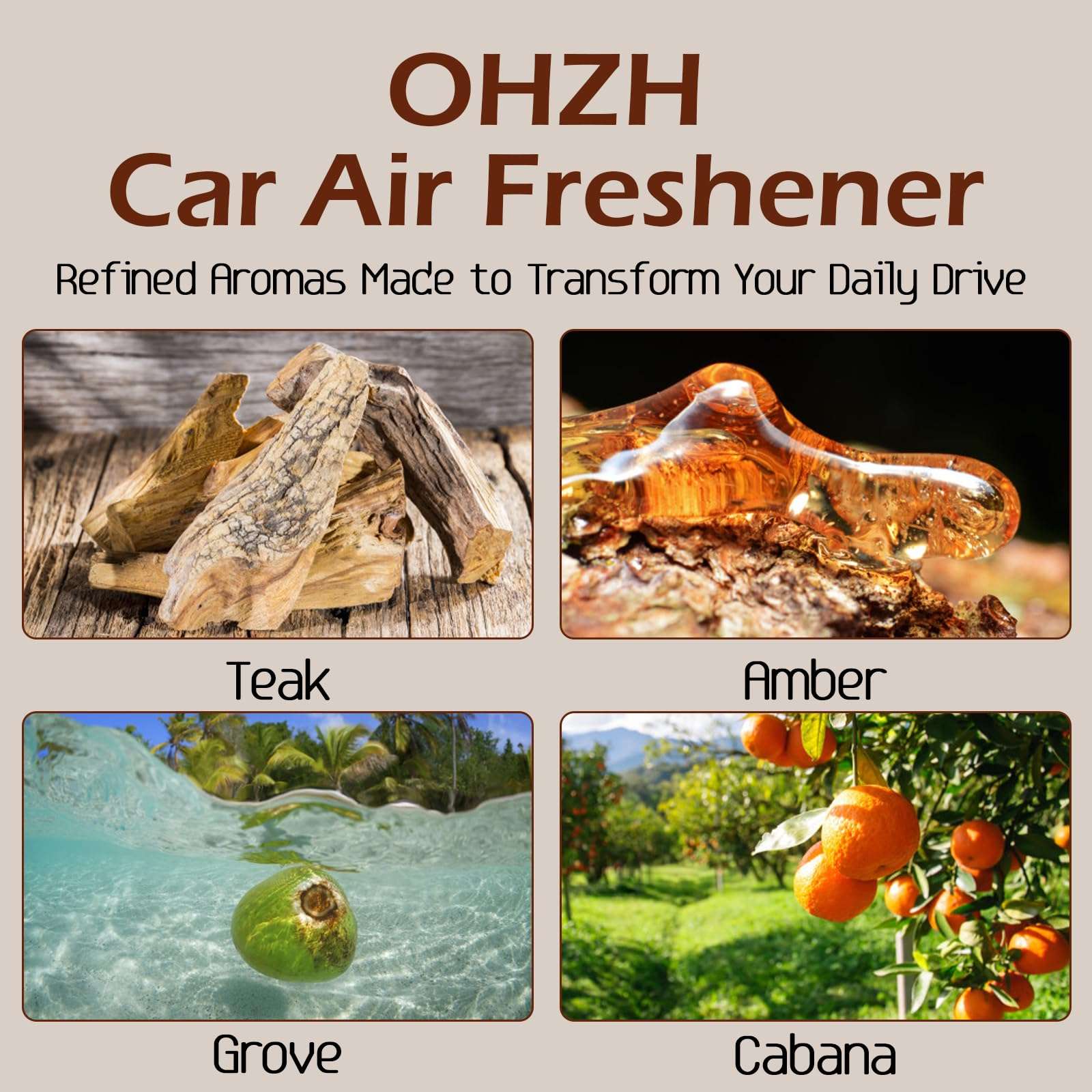 Car Air Freshener-The Original Wood Air Freshener-Car Odor Eliminator for Visor Clip-Long Lasting Scent,Vehicle Scent Diffuser for Truck & SUV-Pack of 4 (Teak-Amber-Cabana-Grove) INCLUDED 2 CLIPS 5