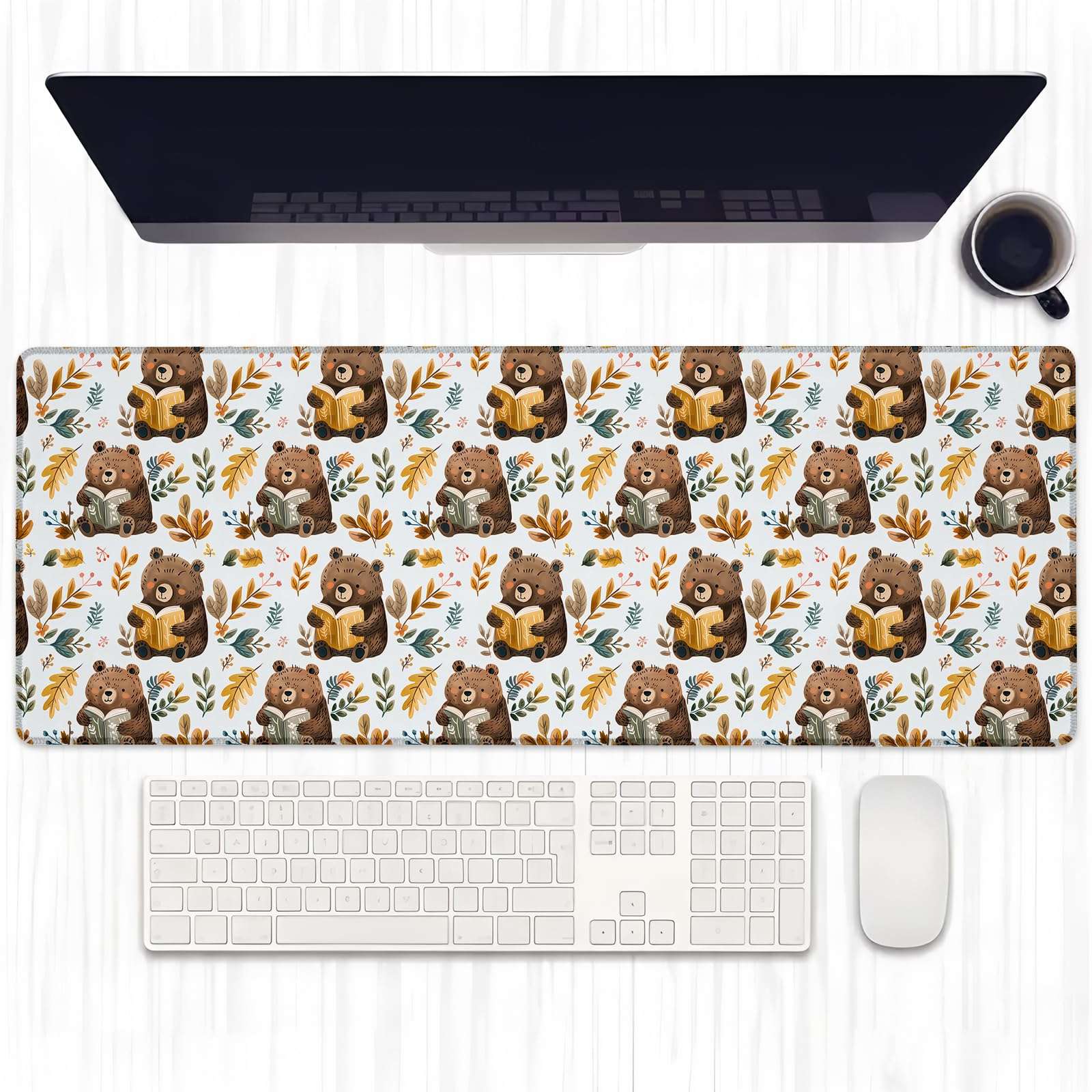 Ti Caldi Cute Bear Reading Book Gaming Mouse Pad, Extended Adorable Bears Desk Mat Computer Laptop Mousepad, Robust Stitched Edges, 31.5"×11.8" Large Office Keyboard Mouse Pads for Home Desktop Decor