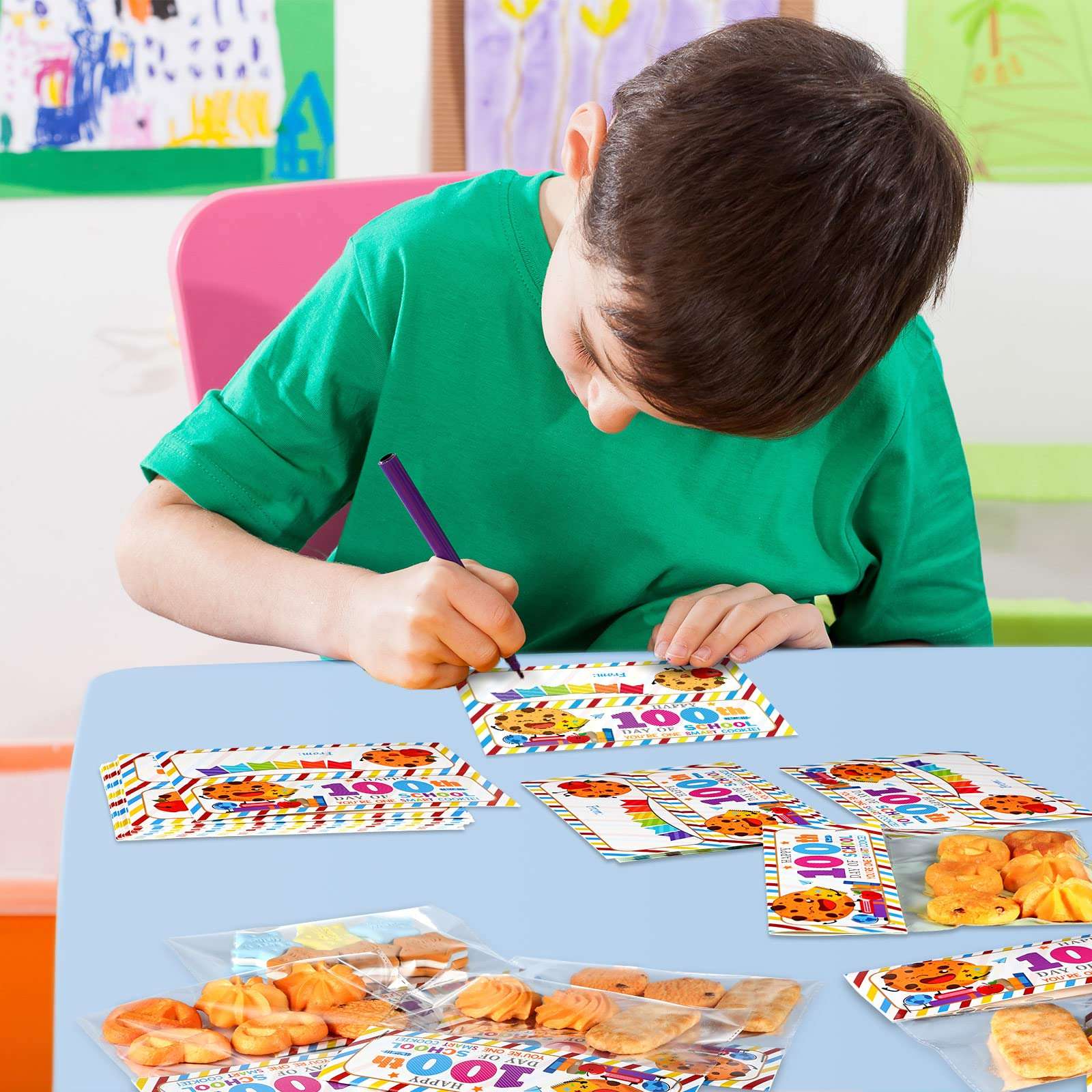 46 Set Happy 100th Days of School Treat Bag Toppers and Cards Set Self-adhesive Goodies Baking Wrapping Bags for Student Happy 100th Days of School Party Supplies(School) 6