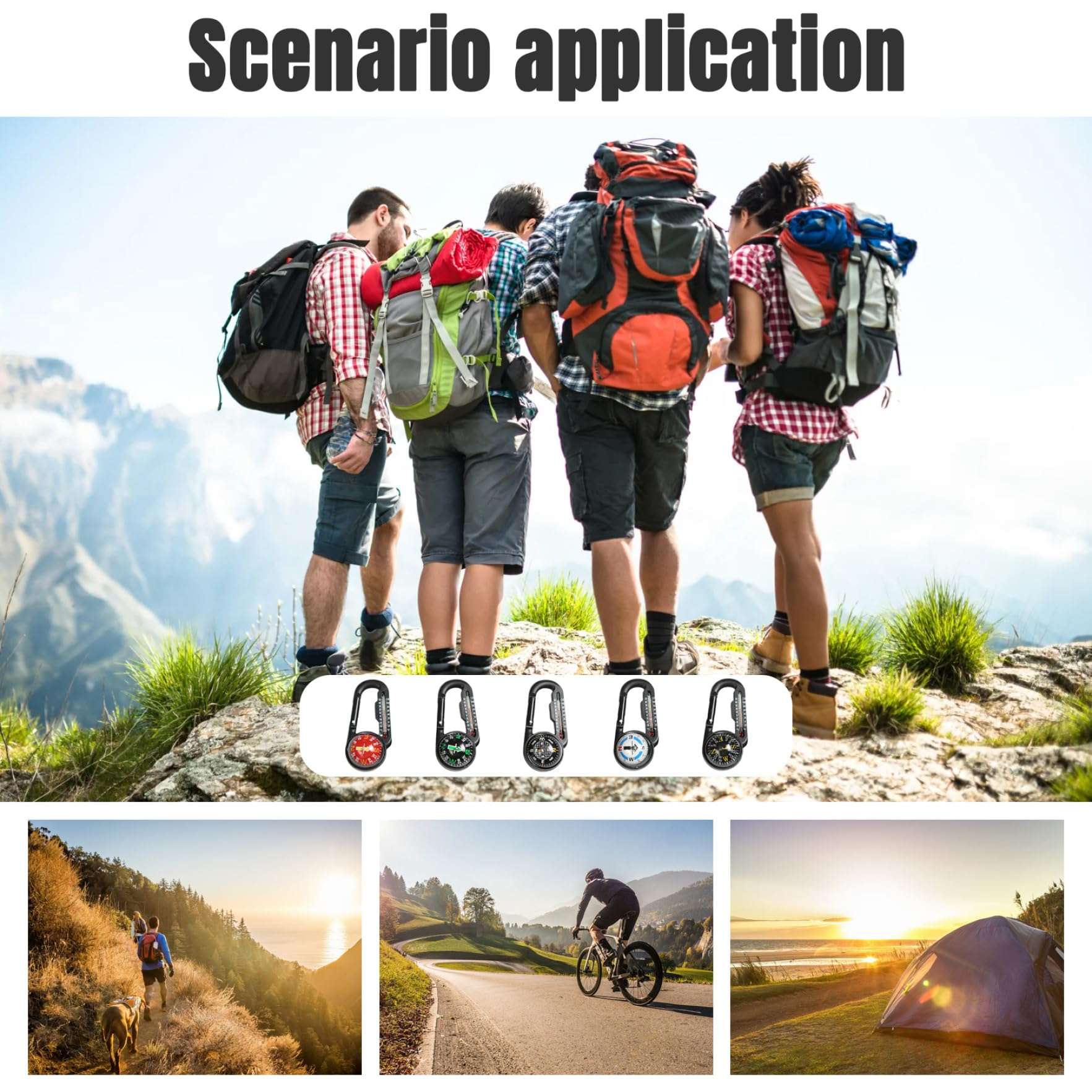 Compass Hiking Survival, 5pcs Waterproof Plastic Hiking Compass with Carabiner & Thermometer Clip, Pocket Compass Keychain for Outdoor Survival Camping 4