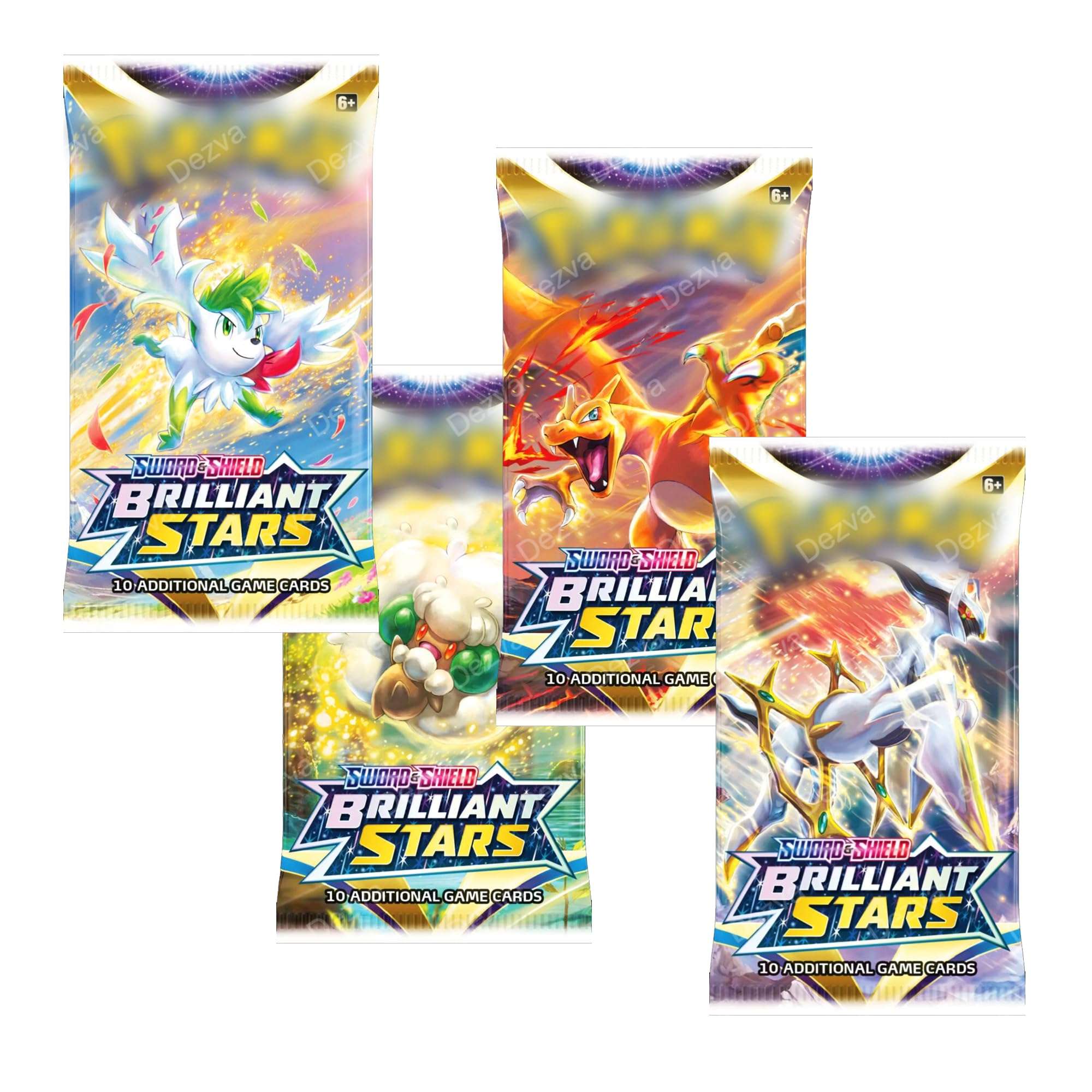 TOYZIEZ Sword & Shield Brilliant Stars Booster Packs, Premium Collectible Card Game Booster Packs - 4 Packs, Each with 8 Paper Cards (8 Booster Cards- 64 Cards) 4