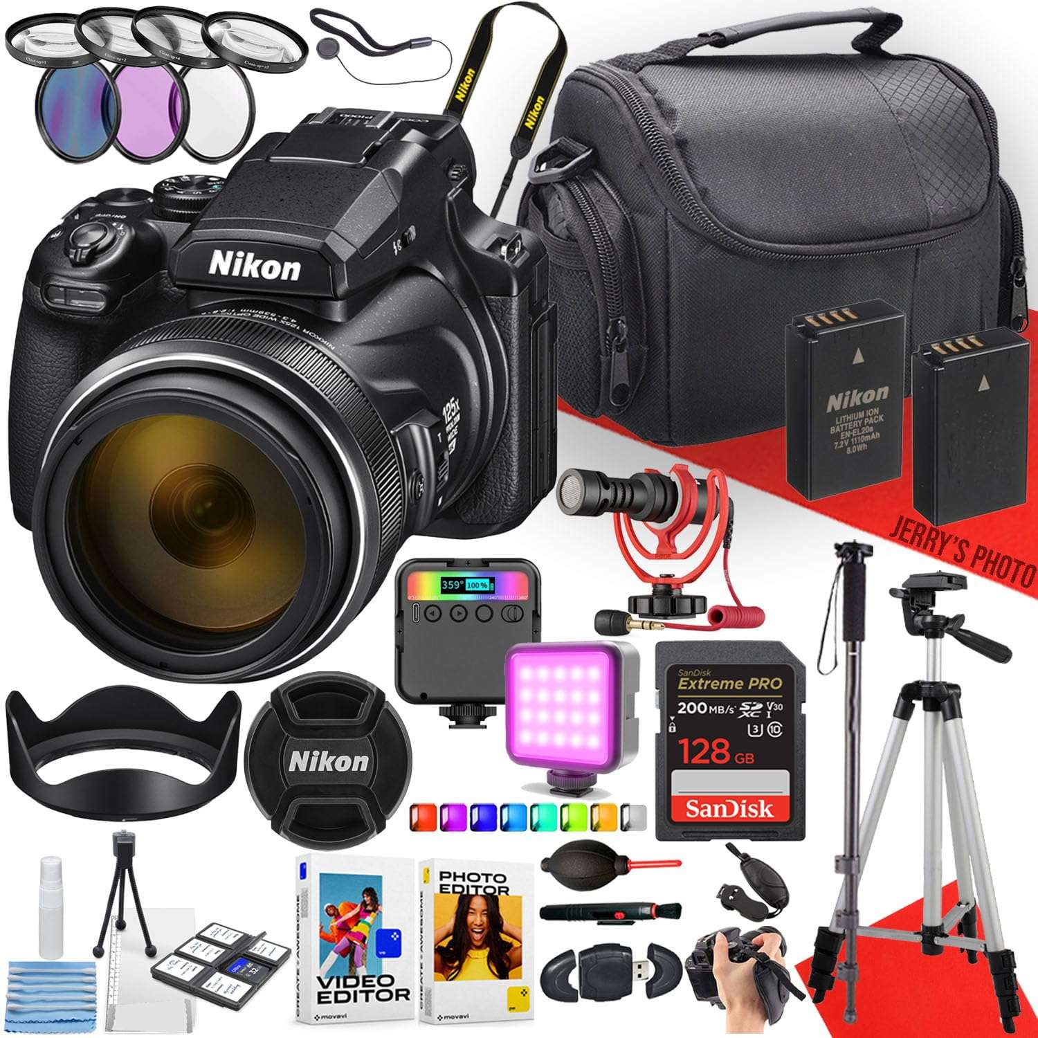 Nikon COOLPIX P1100 Digital Camera with NIKKOR 24-3000mm Lens + Rode Microphone + RGB LED Video Light + 64GB Memory + Monopod + Filters + Tripod + More (29pc Bundle) 1