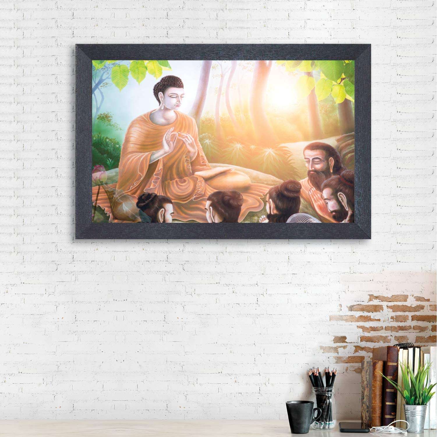 RANDOM (RP-2274 Abstract BUDDHA Sitting with Followers Framed Painting, 18 inch X 12 Inch 2