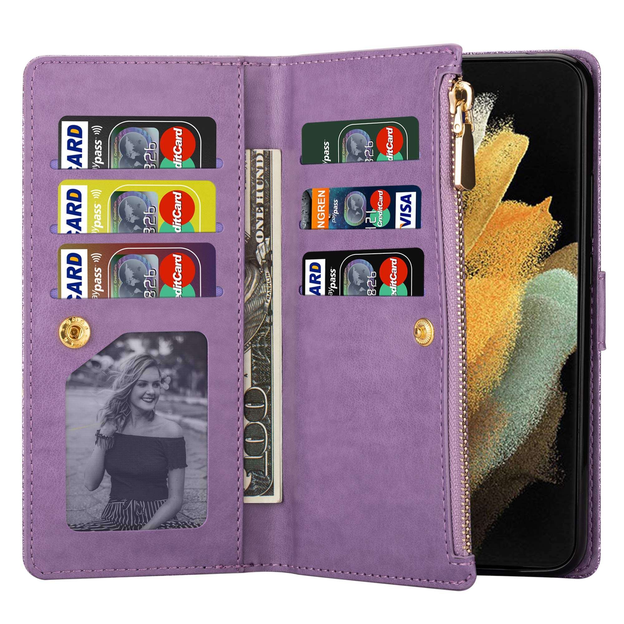 Galaxy S21 Ultra Case, Zipper Flip Case for Samsung Galaxy S21 Ultra 6.8 inch 5G Bumper Cover, Anti Resistant Wrist Strap TPU Wallet, Shockproof Galaxy Bling Phone Case for Women Girls (Purple) 5