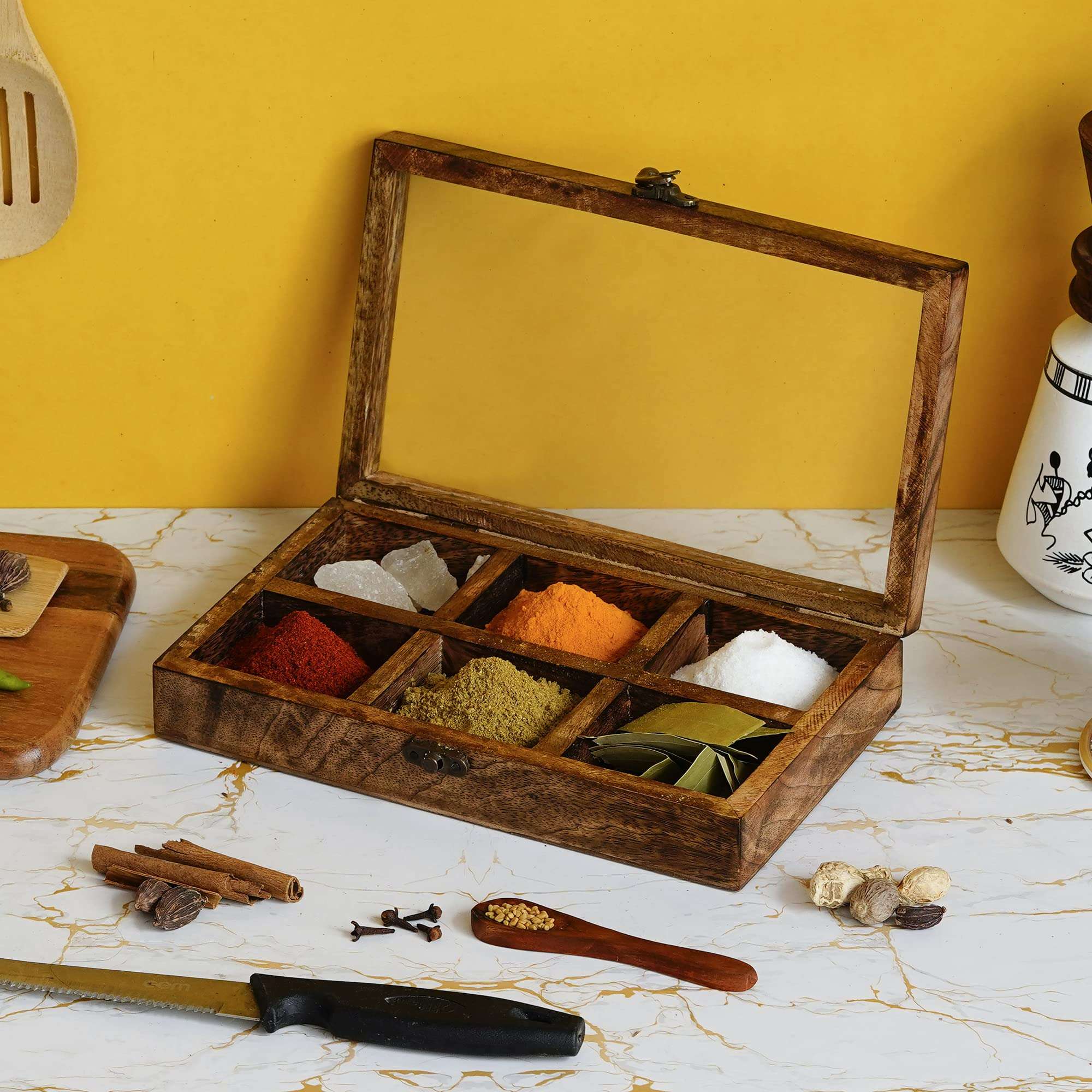 eCraftIndia 6 Rectangle Compartments Handcrafted Wooden Spice Box 3