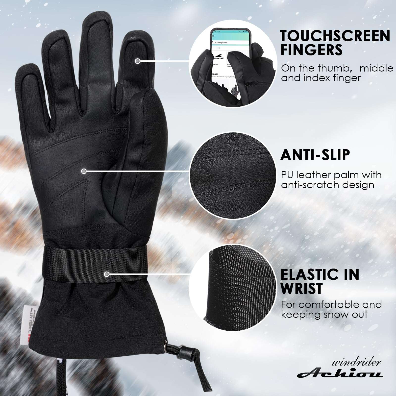 Achiou Ski Gloves,Winter Cold Weather Gloves for Men Women,Waterproof Touchscreen Snow Mittens 5