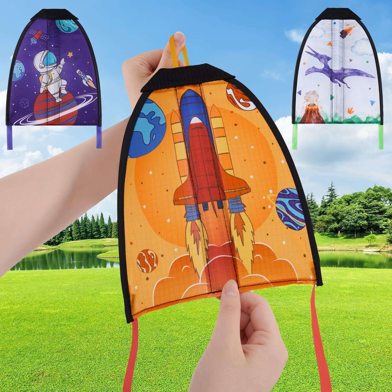 3 Pcs Mini Slingshot Kites - Thumb Ejection Kite Beach Toys Gift for Kids Teens Age 4-18 Years Old Easy to Fly Waterproof Stringless Beach Kite Small Funny Outdoor Sports Toy Dinosaur Rocket Style