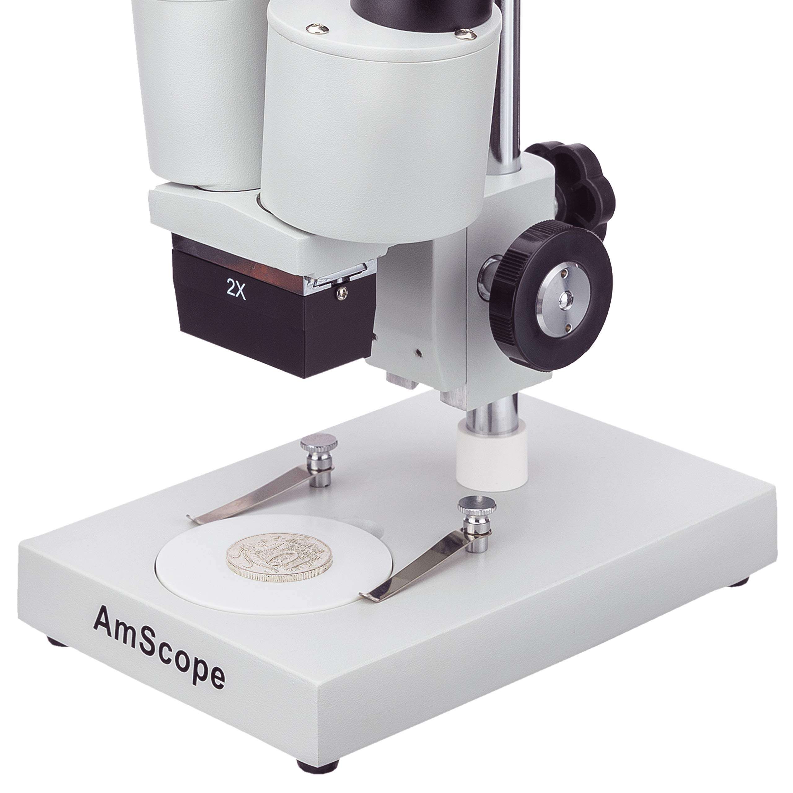 AmScope SE104-P Portable Binocular Stereo Microscope, WF10X Eyepieces, 20X Magnification, 2X Objective, Ambient Lighting, Reversible Black/White Stage Plate, Pillar Stand 2