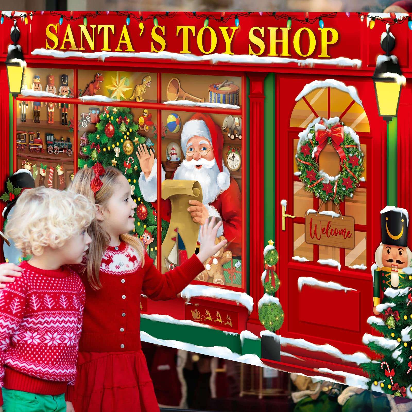 Christmas Party Photography Backdrop Banner Santa's Toy Shop Christmas Store Background Santa Store Photo Backdrop Santa's Toy Shop Background for Xmas Party Holiday Party Supplies, 72.8 x 43.3 Inch 5