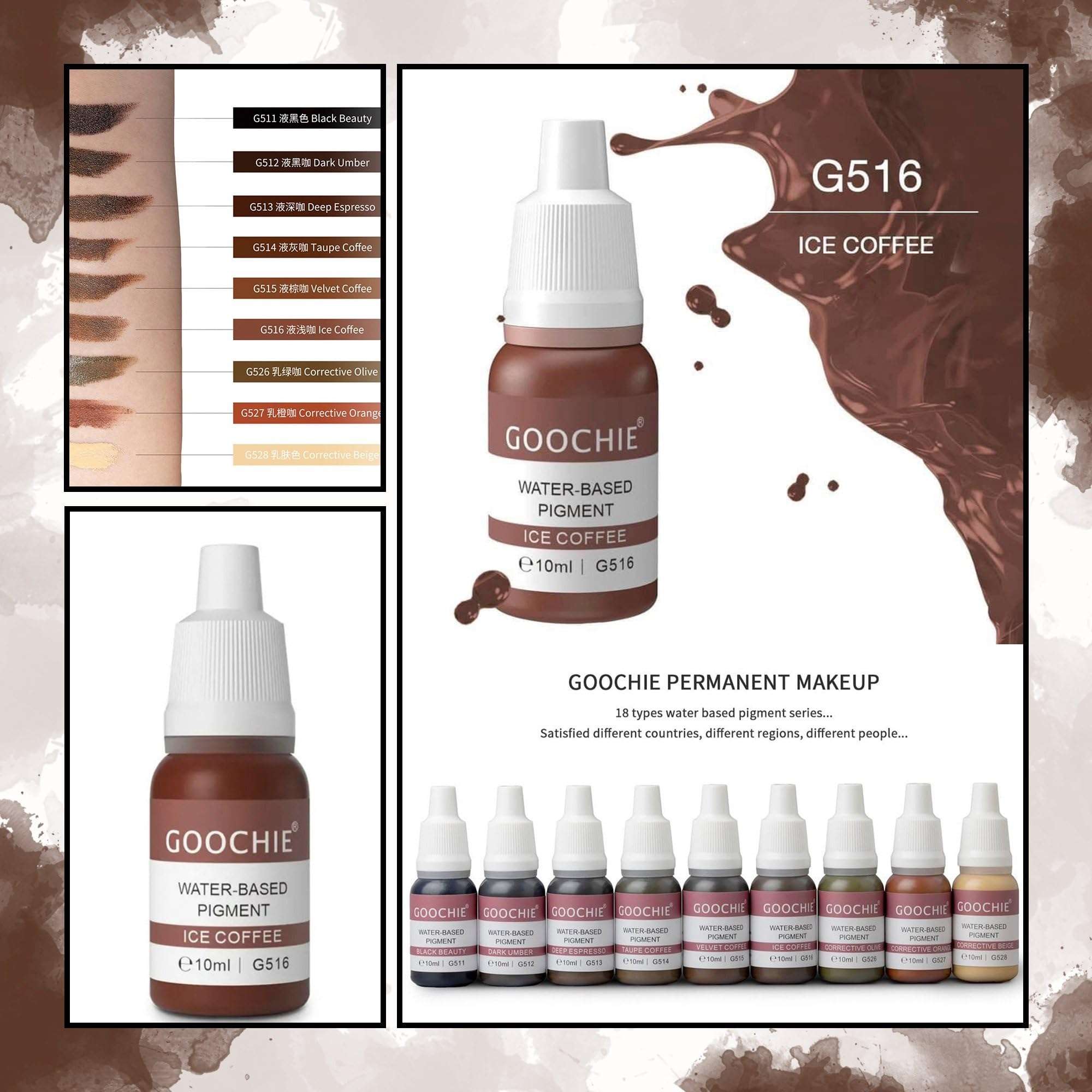 Goohcie Superior semi organic liquid water based micro pigment EU standard machine permanent makeup pigment 10ml Eyebrow Pigment Ice coffee - G516 5