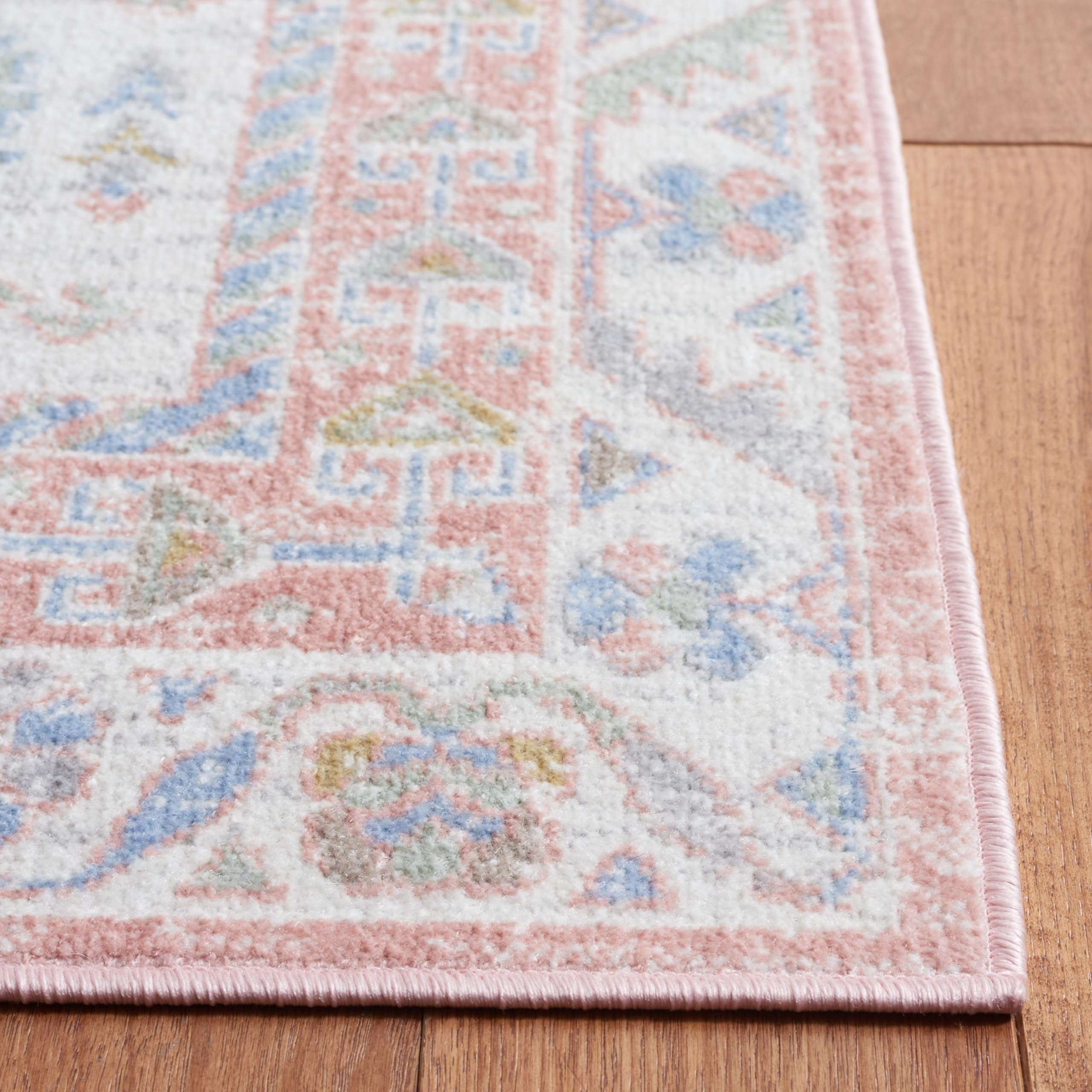 SAFAVIEH Washable Rug Bayside Collection - 4' x 6', Ivory & Blue Pink, Easy Cleaning, Ideal for in Living Room, Bedroom, Home Office, Dining Space (BAY118A) 4