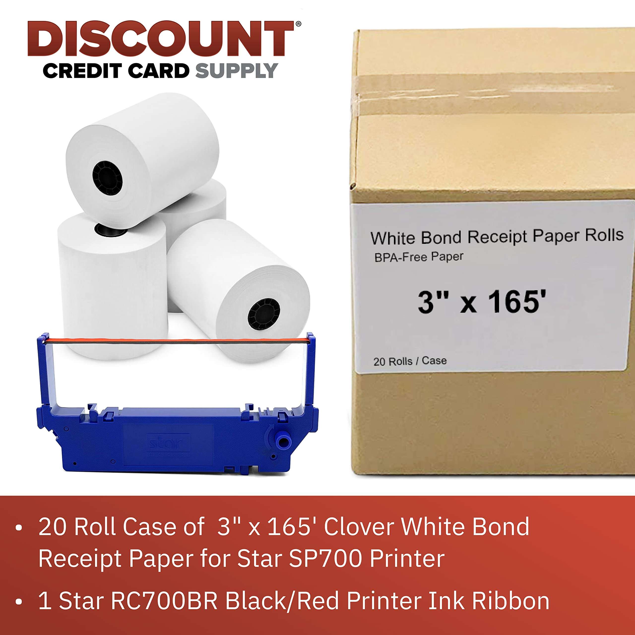 20 Roll Case of 3" x 165' Clover White Bond Receipt Roll Paper for Star SP700 Printer and 1 Star RC700BR Black/Red Printer Ink Ribbon 2