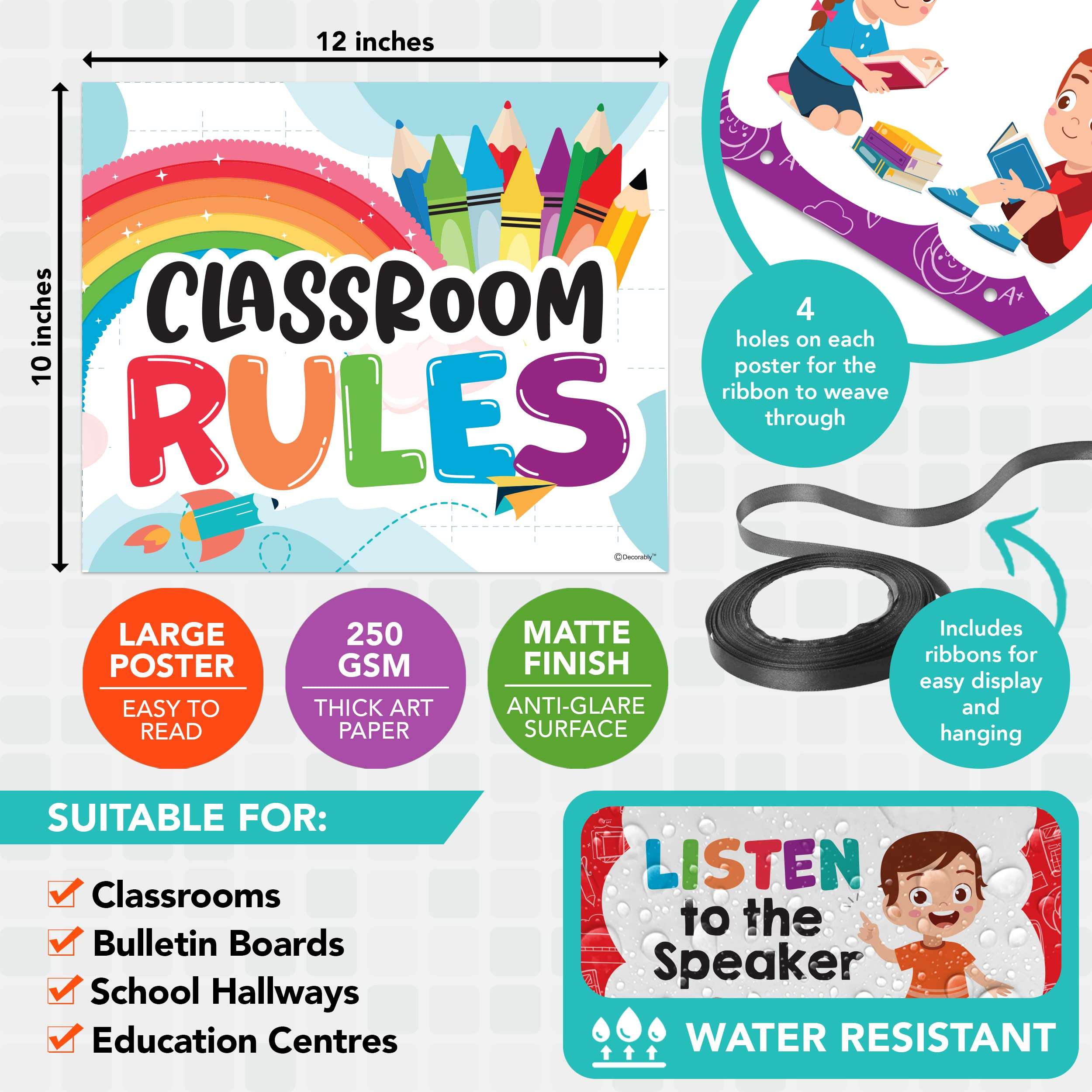Decorably 12 Hanging Colorful Classroom Rules Poster Set with Accompanying Ribbon, 12x10in Matte-Laminated Inspirational Classroom Rules Elementary Posters 2