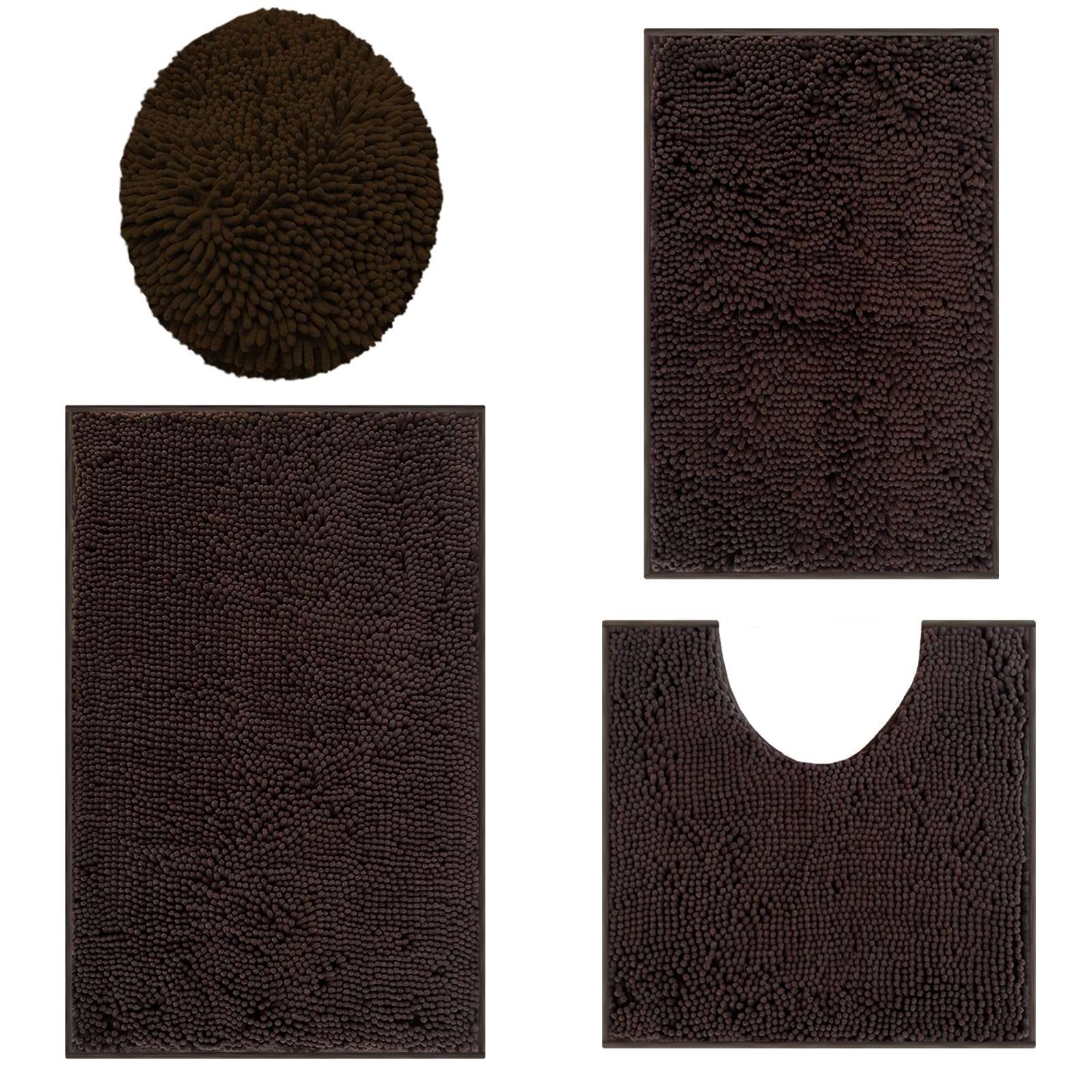 Bathroom Rugs Sets 4 Piece, Extra Soft Absorbent Chenille Bath Rugs, Non Slip Rubber Backing Machine Washable Quick Dry Bath Mats for Bathroom Floor, Tub, Shower, Home Decor Accessories, Brown 1
