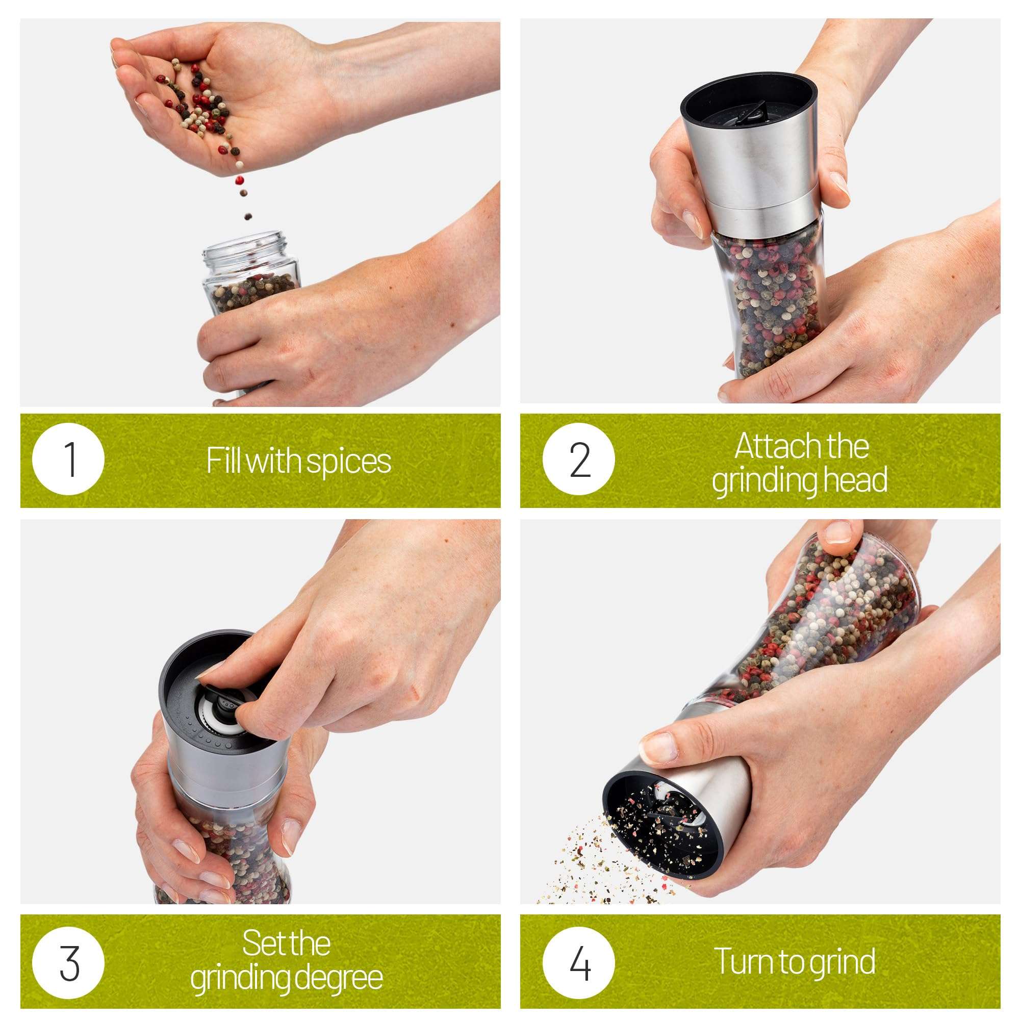 ZOLMER® Spice mill set of 2 with adjustable ceramic grinder - Noble salt mill & pepper mill made of stainless steel - Also as a chili mill [without spice content] 6