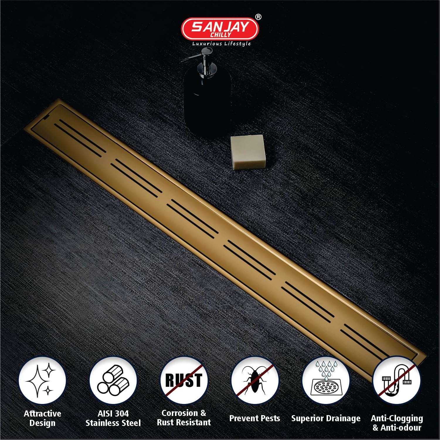 SANJAY CHILLY Arena Shower Channel Drainer SS Floor Drain Channel 304 Grade Cockroach Trap with Collar Colour COLECTION Luxurious Bathroom GRATINGS (Side Hole - Brushed Bronze - 36x4 INCH) 6