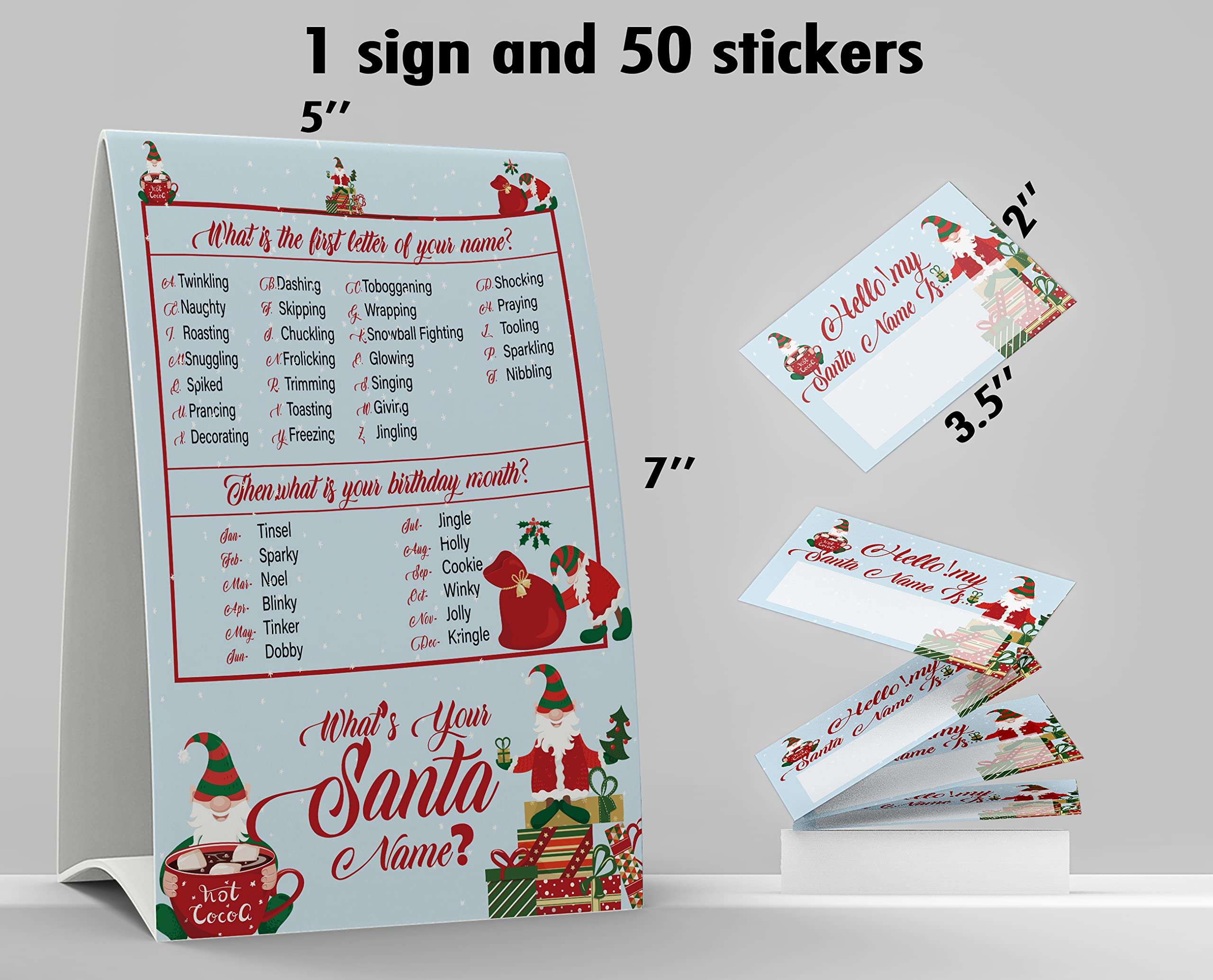What's Your Santa Name Game, 1 Santa Theme Sign and 50 Name Tag Stickers, Christmas Party Games, Birthday Game for Kids and Adult Parties, Activity Game for Office or Class | JRKP053L 3